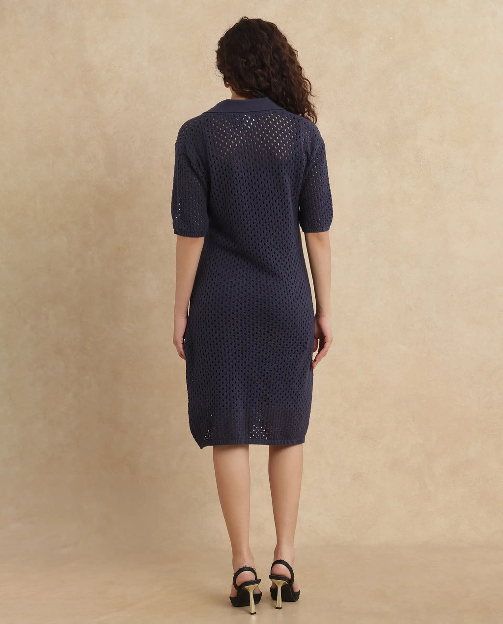 Rareism Women's Ronpen Navy Cotton Spread Collar Plain Midi Straight Fit Dress
