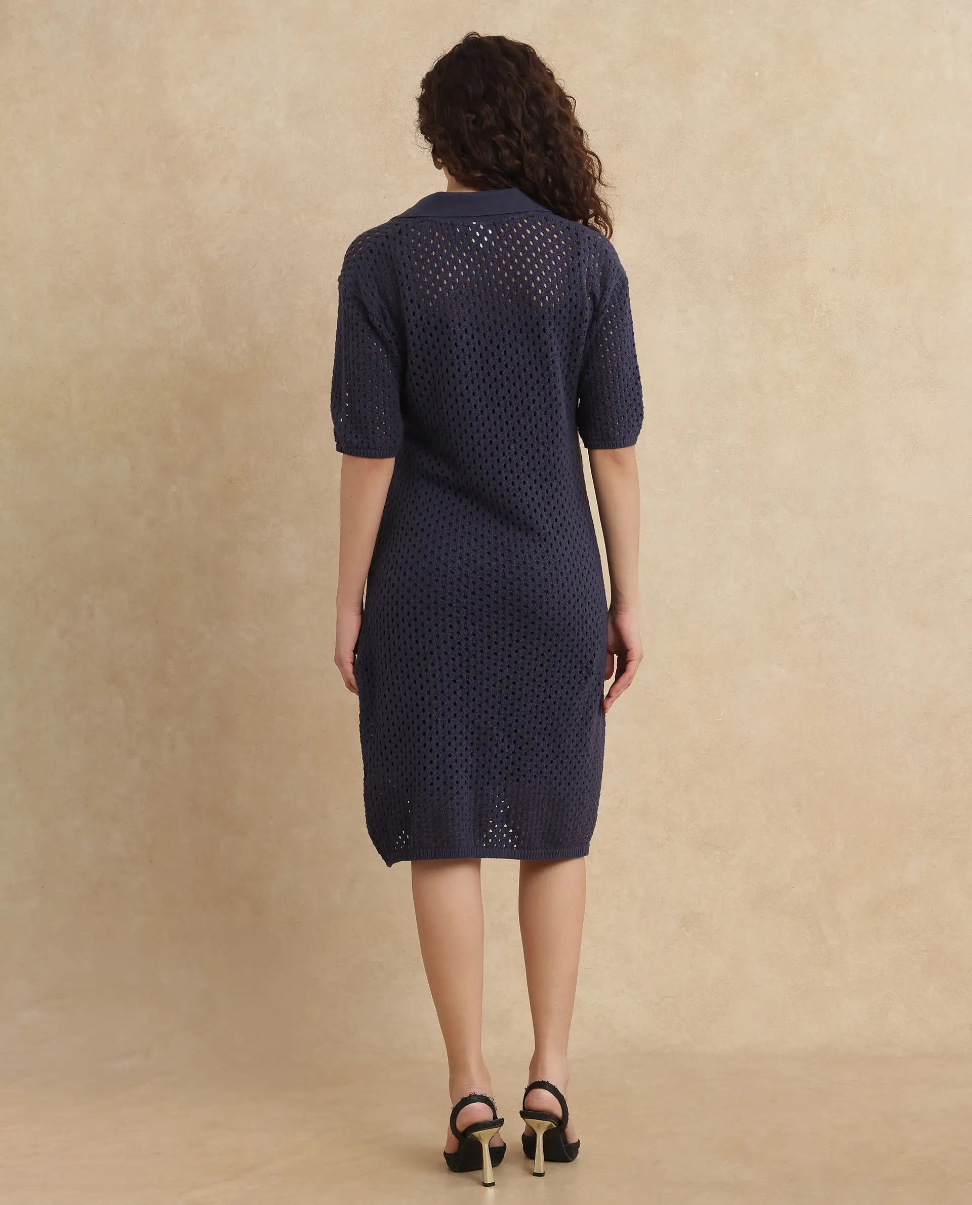 Rareism Women's Ronpen Navy Cotton Spread Collar Plain Midi Straight Fit Dress