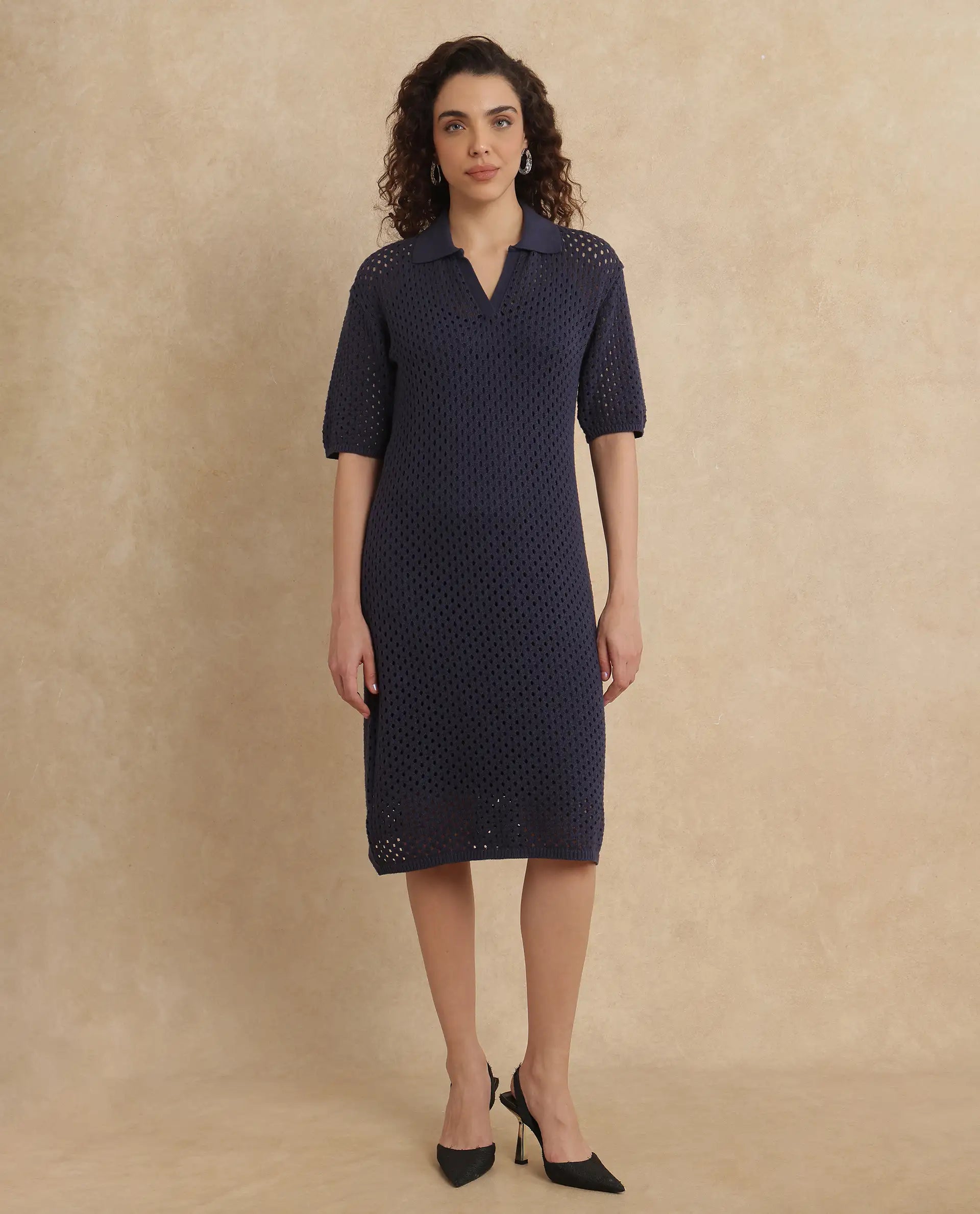 Rareism Women's Ronpen Navy Cotton Spread Collar Plain Midi Straight Fit Dress