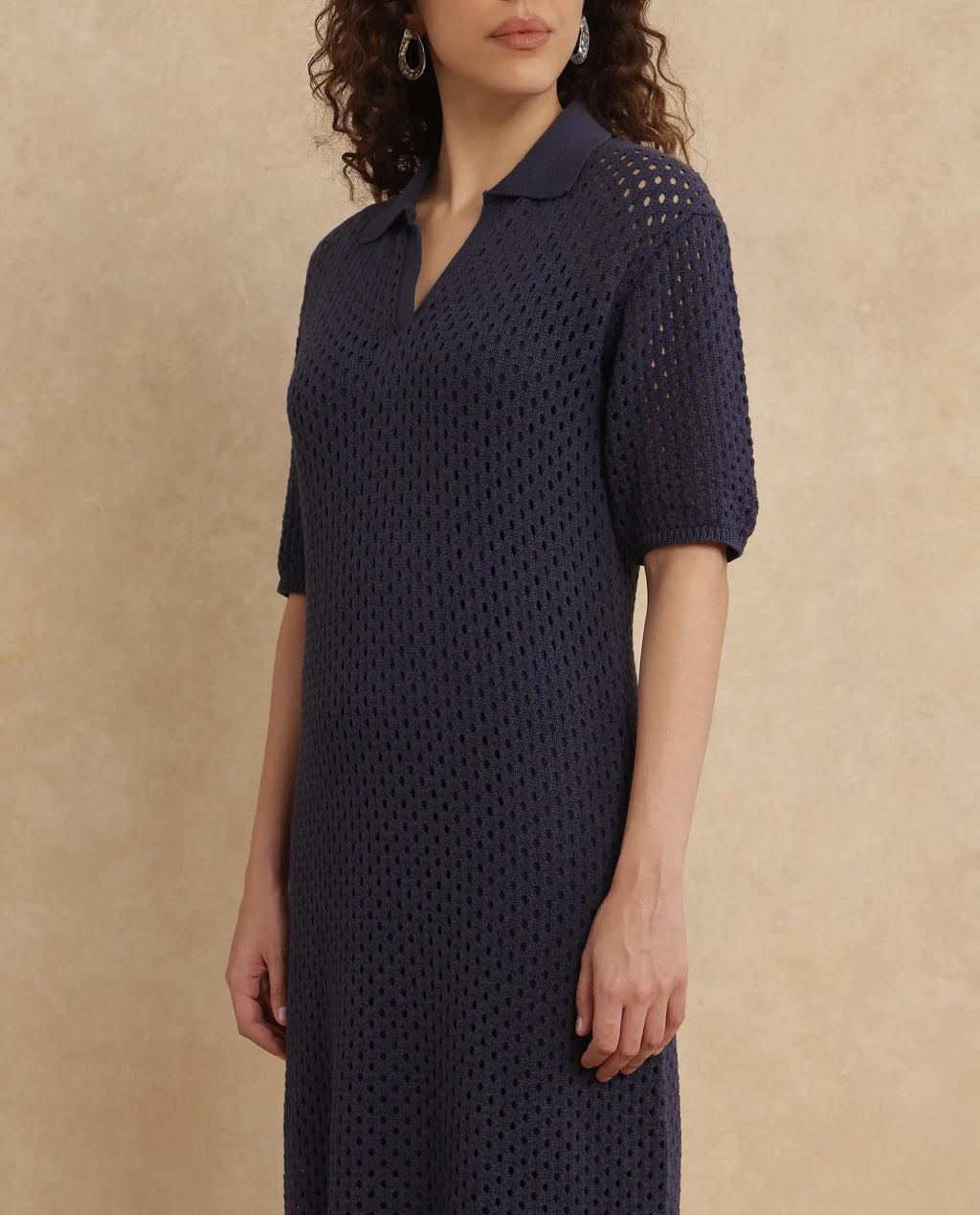 Rareism Women's Ronpen Navy Cotton Spread Collar Plain Midi Straight Fit Dress