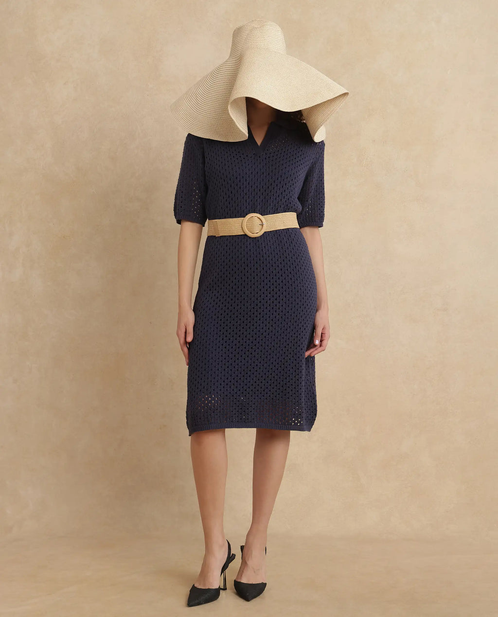 Rareism Women's Ronpen Navy Cotton Spread Collar Plain Midi Straight Fit Dress
