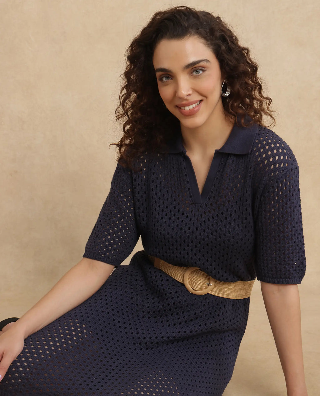 Rareism Women's Ronpen Navy Cotton Spread Collar Plain Midi Straight Fit Dress