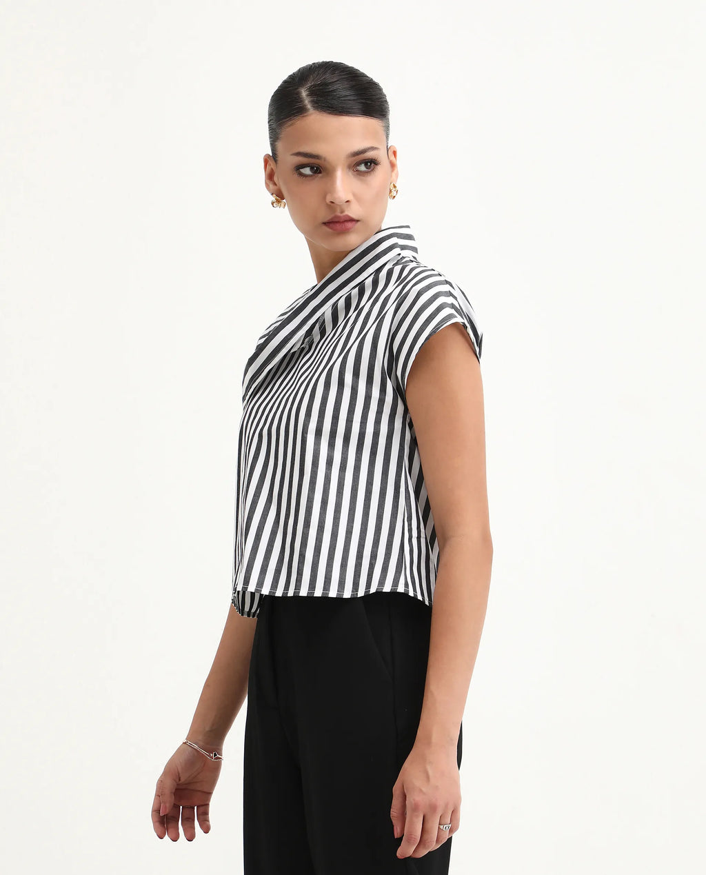 Rareism Women's Ronwor White Cotton Cowl Neck Striped Extended Sleeves Regular Fit Top