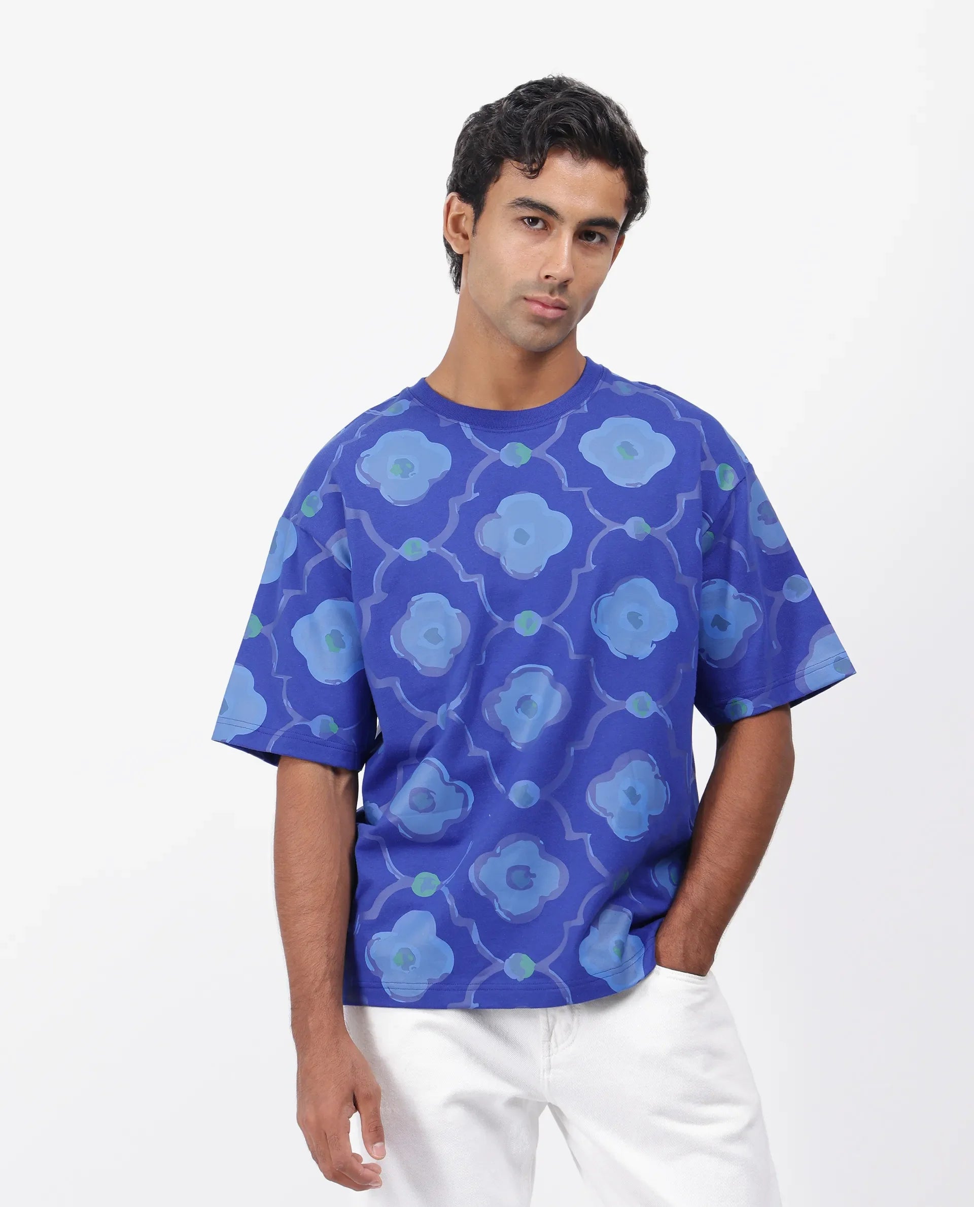 Rare Rabbit Men's Evino Flouroscent Blue Cotton Graphic Print Oversized Fit Half Sleeve Crew Neck T-Shirt