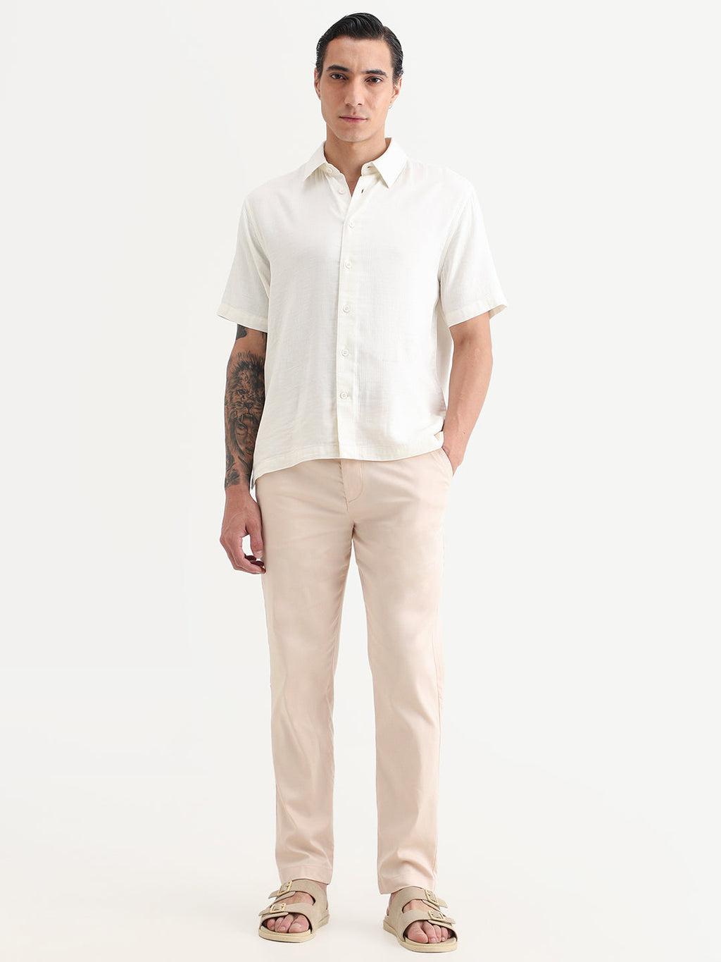 Rare Rabbit Men Hols Light Beige Cotton Blend Fabric Button Closure Plain Trouser