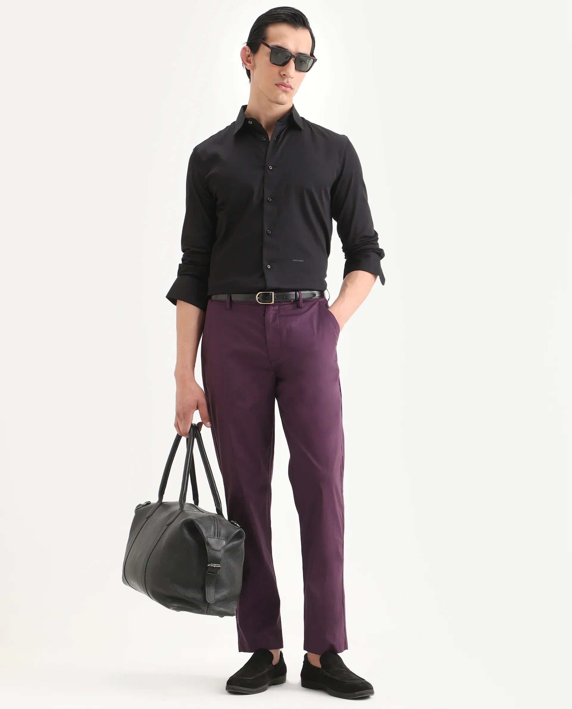 Rare Rabbit Men Bene Dark Purple Cotton Blend Fabric Button Closure Straight Fit Plain Trouser