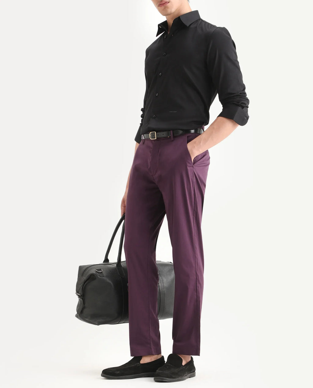 Rare Rabbit Men Bene Dark Purple Cotton Blend Fabric Button Closure Straight Fit Plain Trouser
