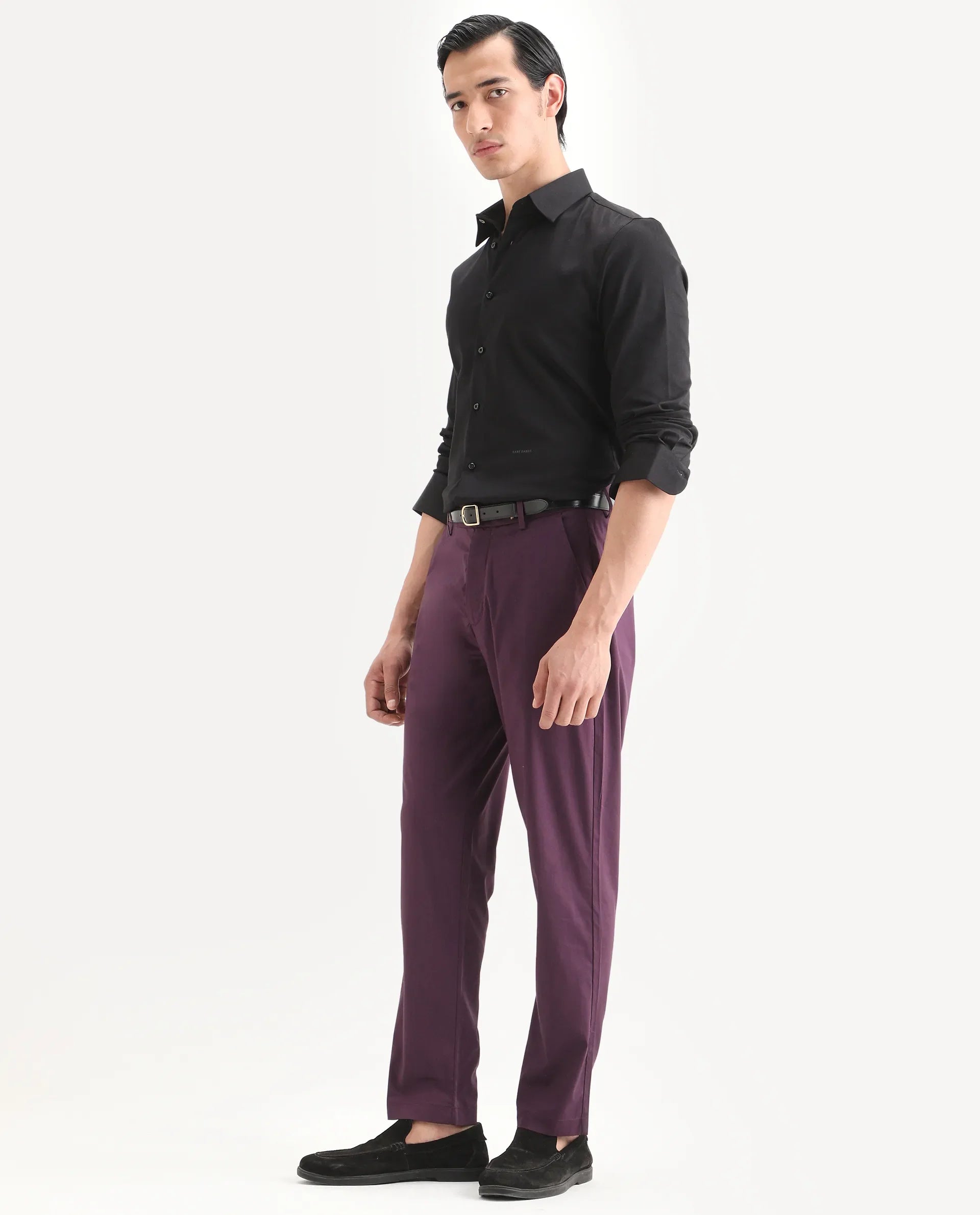 Rare Rabbit Men Bene Dark Purple Cotton Blend Fabric Button Closure Straight Fit Plain Trouser