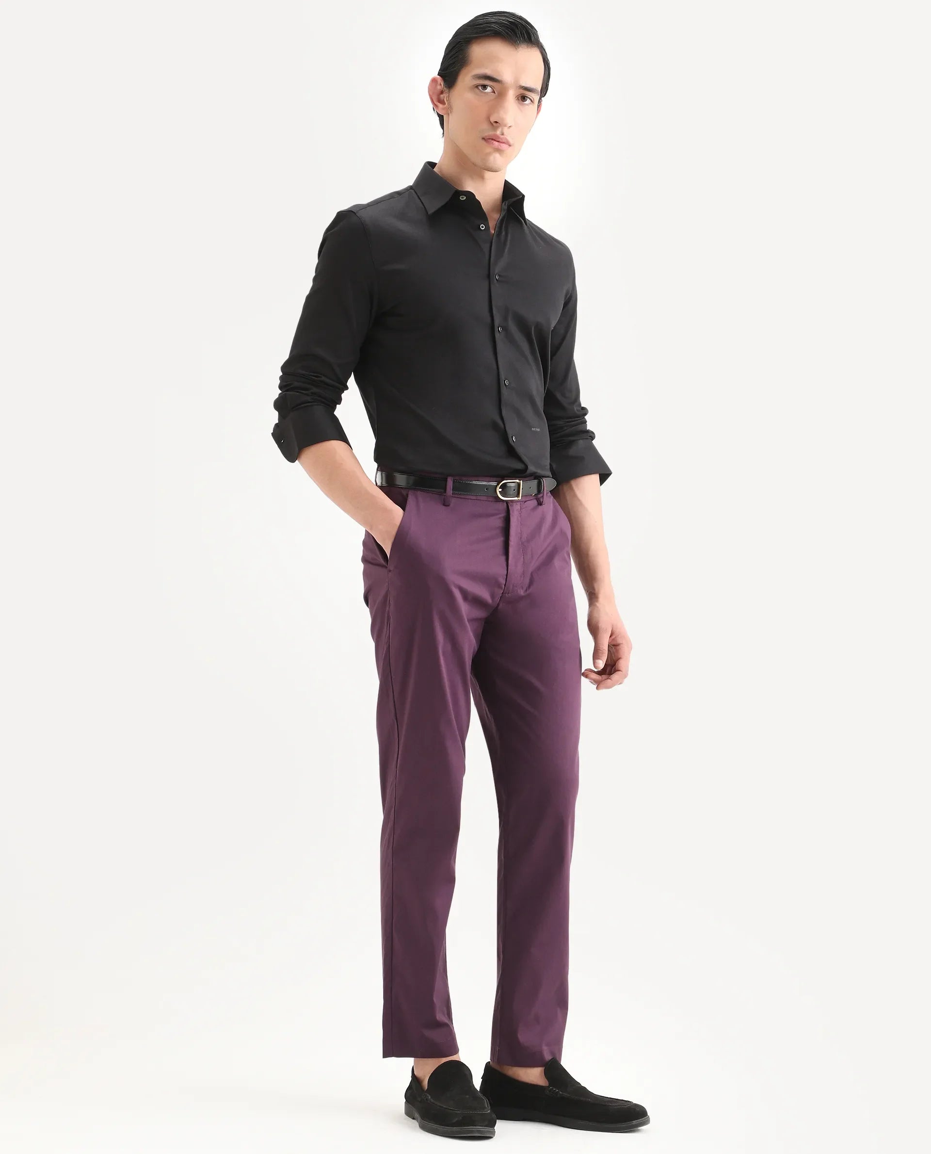 Rare Rabbit Men Bene Dark Purple Cotton Blend Fabric Button Closure Straight Fit Plain Trouser