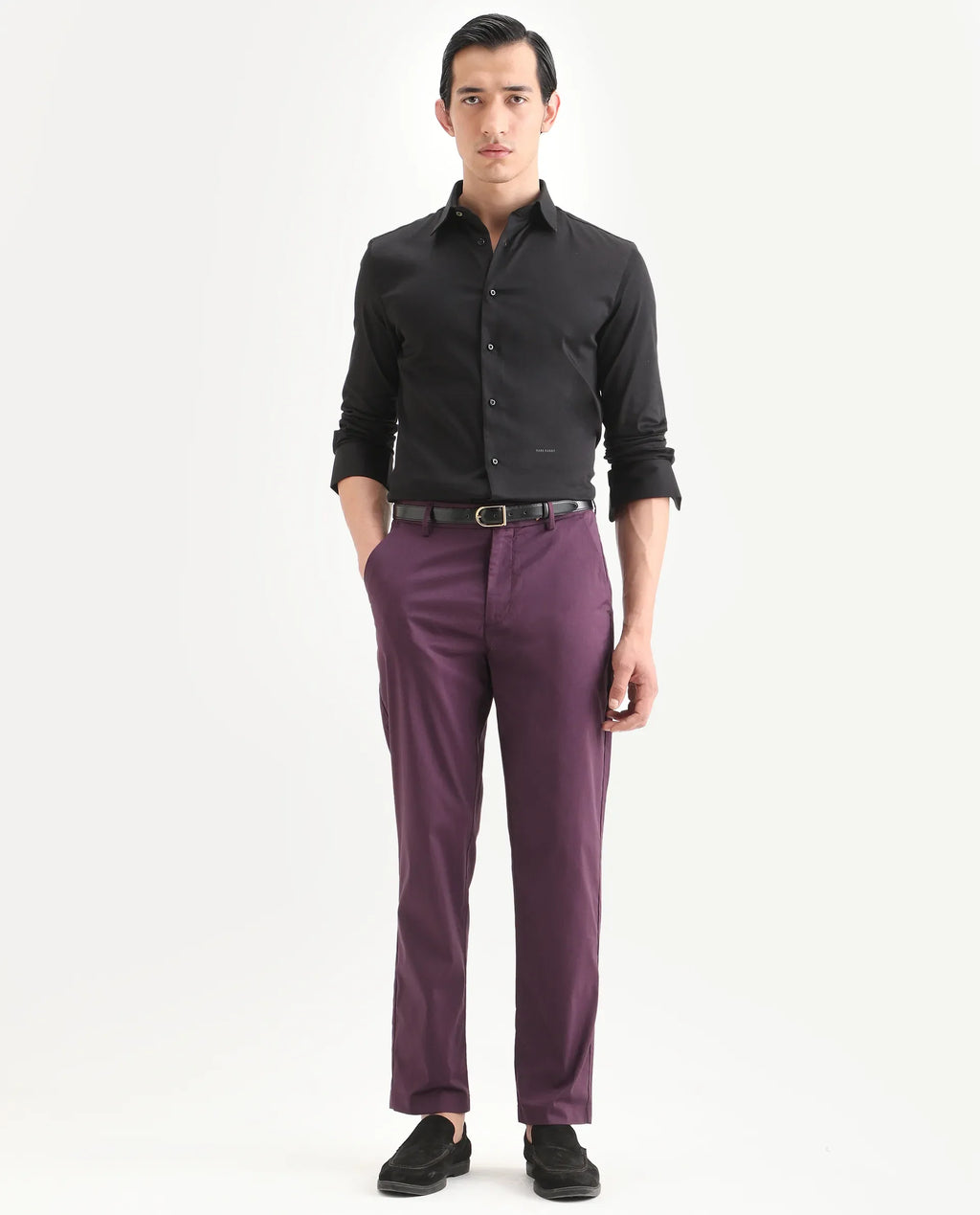 Rare Rabbit Men Bene Dark Purple Cotton Blend Fabric Button Closure Straight Fit Plain Trouser