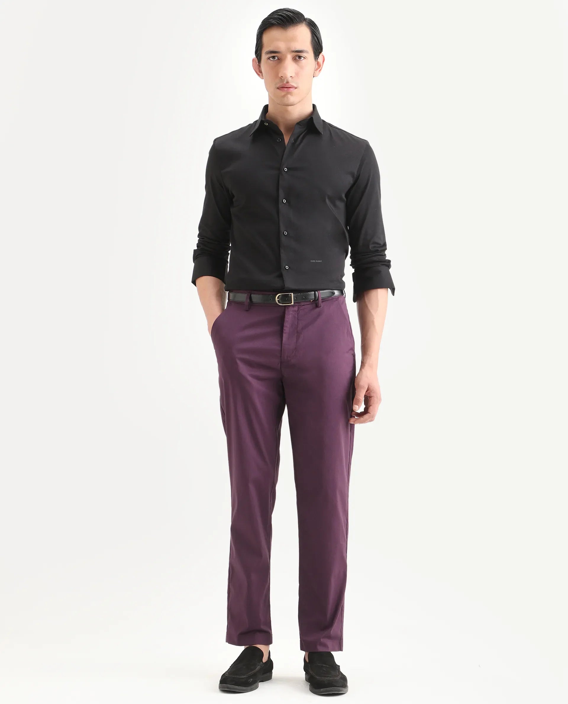 Rare Rabbit Men Bene Dark Purple Cotton Blend Fabric Button Closure Straight Fit Plain Trouser