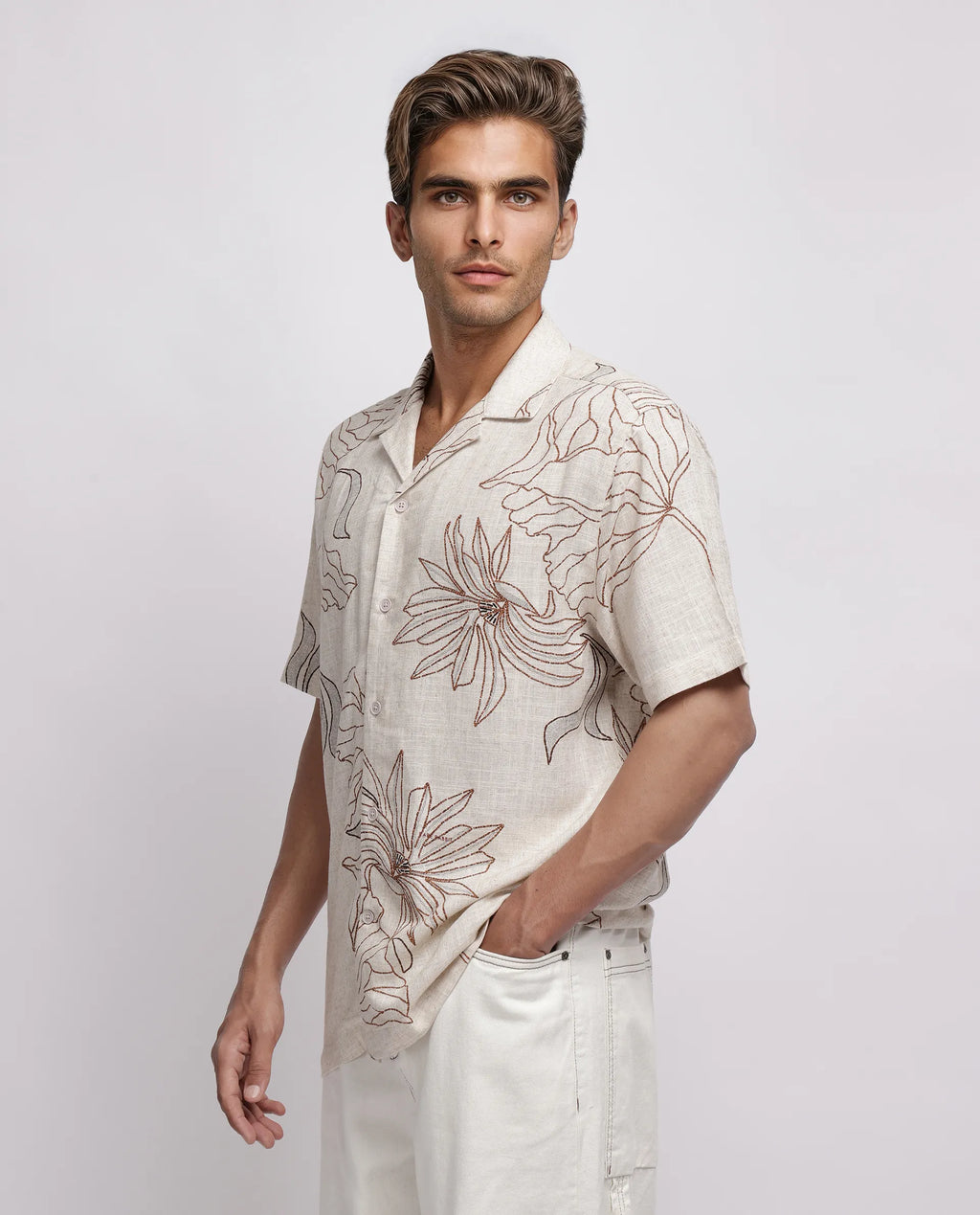 Rare Rabbit Men's Rustel Khaki Viscose Floral Print Relaxed Fit Half Sleeve Cuban Collar Shirt