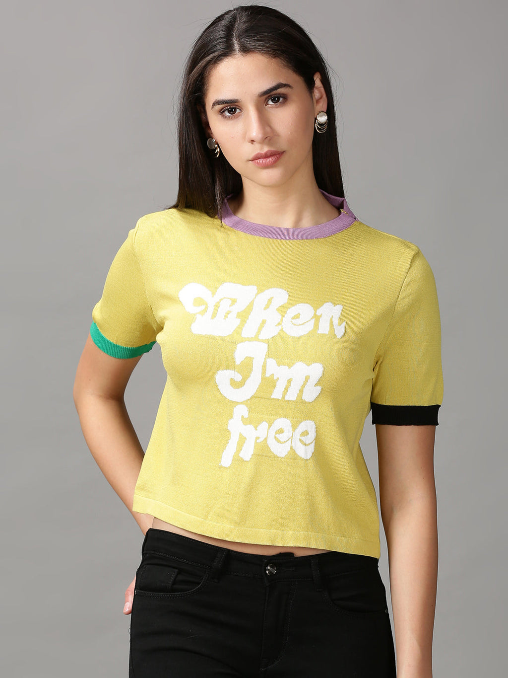 Women's Mustard Typography Printed Crop Top