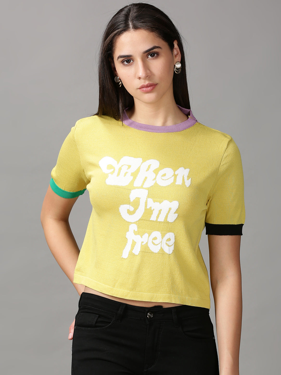 Women's Mustard Typography Printed Crop Top