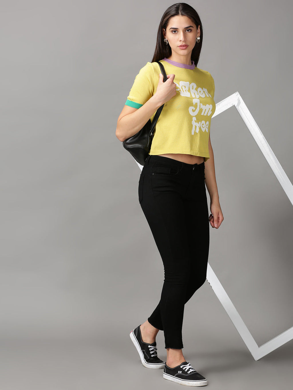 Women's Mustard Typography Printed Crop Top