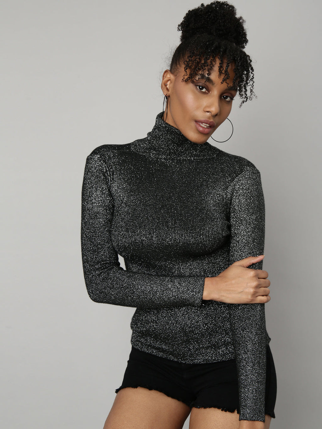 Women's Black Self Design High Neck Bling & Sparkly Acrylic Fitted Top