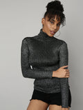 Women's Black Self Design High Neck Bling & Sparkly Acrylic Fitted Top