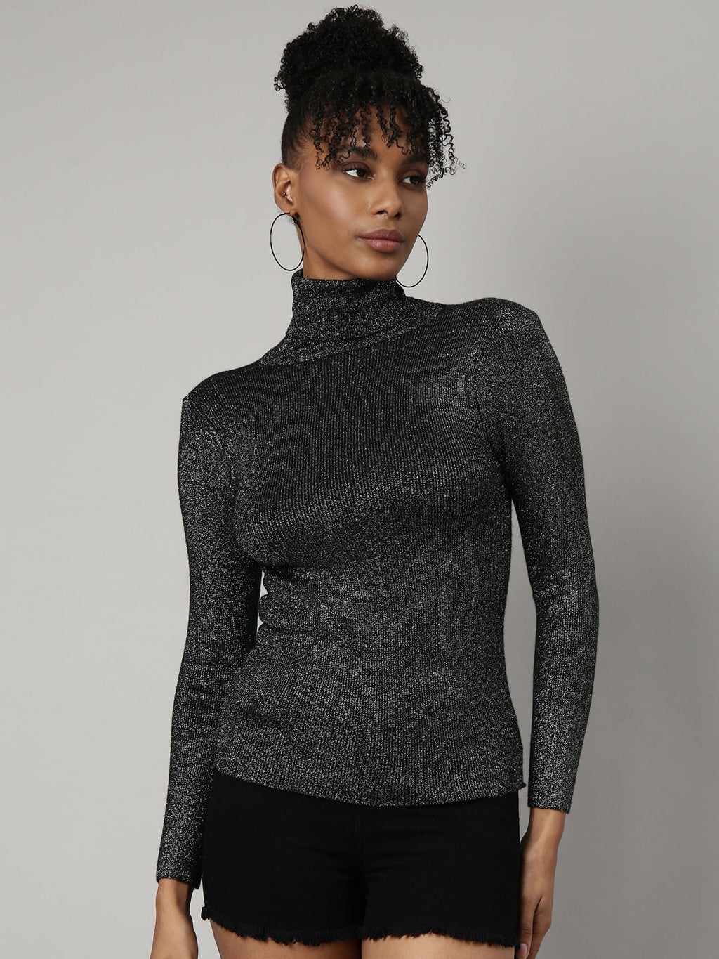 Women's Black Self Design High Neck Bling & Sparkly Acrylic Fitted Top