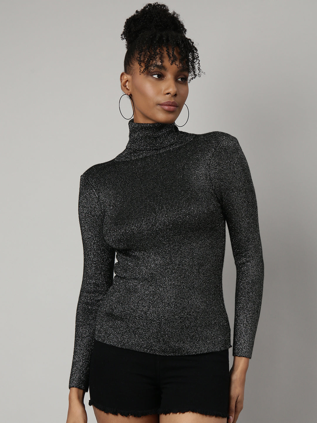 Women's Black Self Design High Neck Bling & Sparkly Acrylic Fitted Top