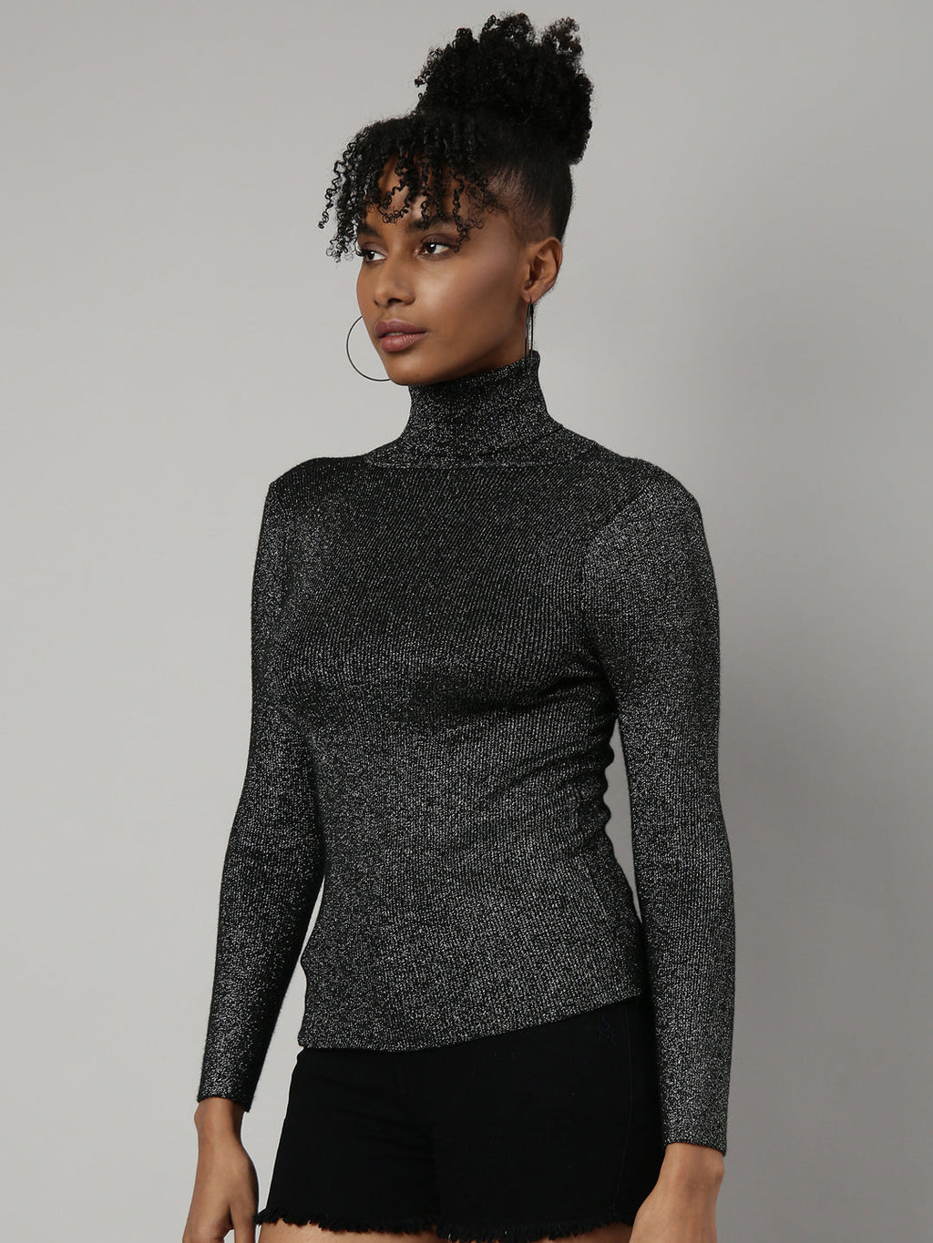 Women's Black Self Design High Neck Bling & Sparkly Acrylic Fitted Top