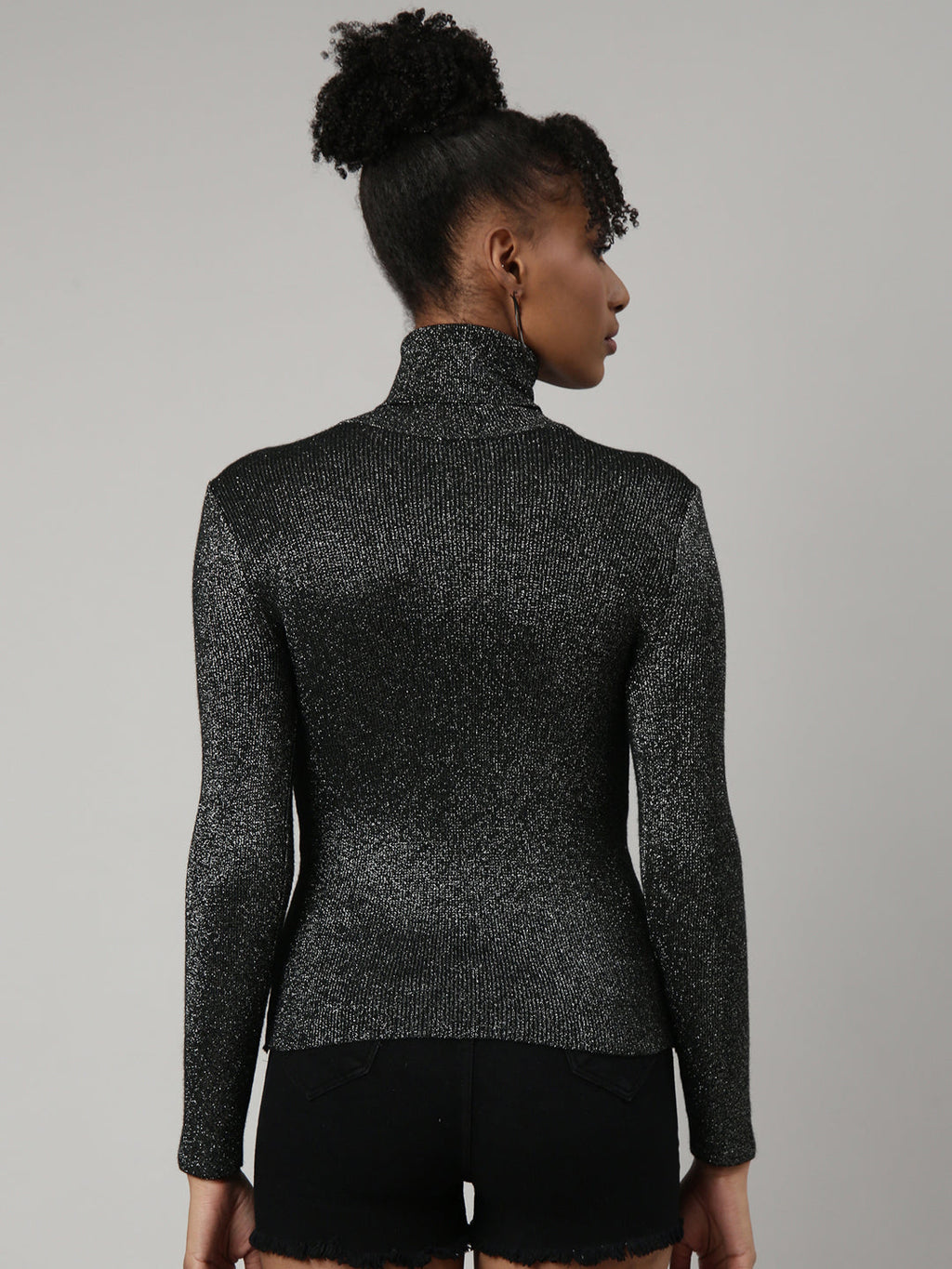 Women's Black Self Design High Neck Bling & Sparkly Acrylic Fitted Top
