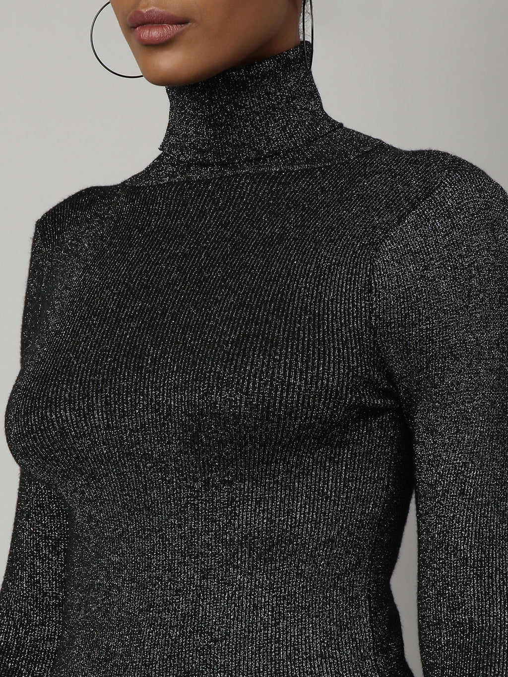 Women's Black Self Design High Neck Bling & Sparkly Acrylic Fitted Top