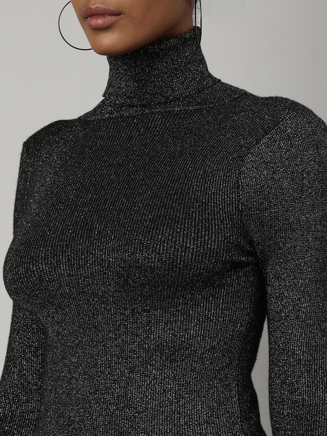 Women's Black Self Design High Neck Bling & Sparkly Acrylic Fitted Top