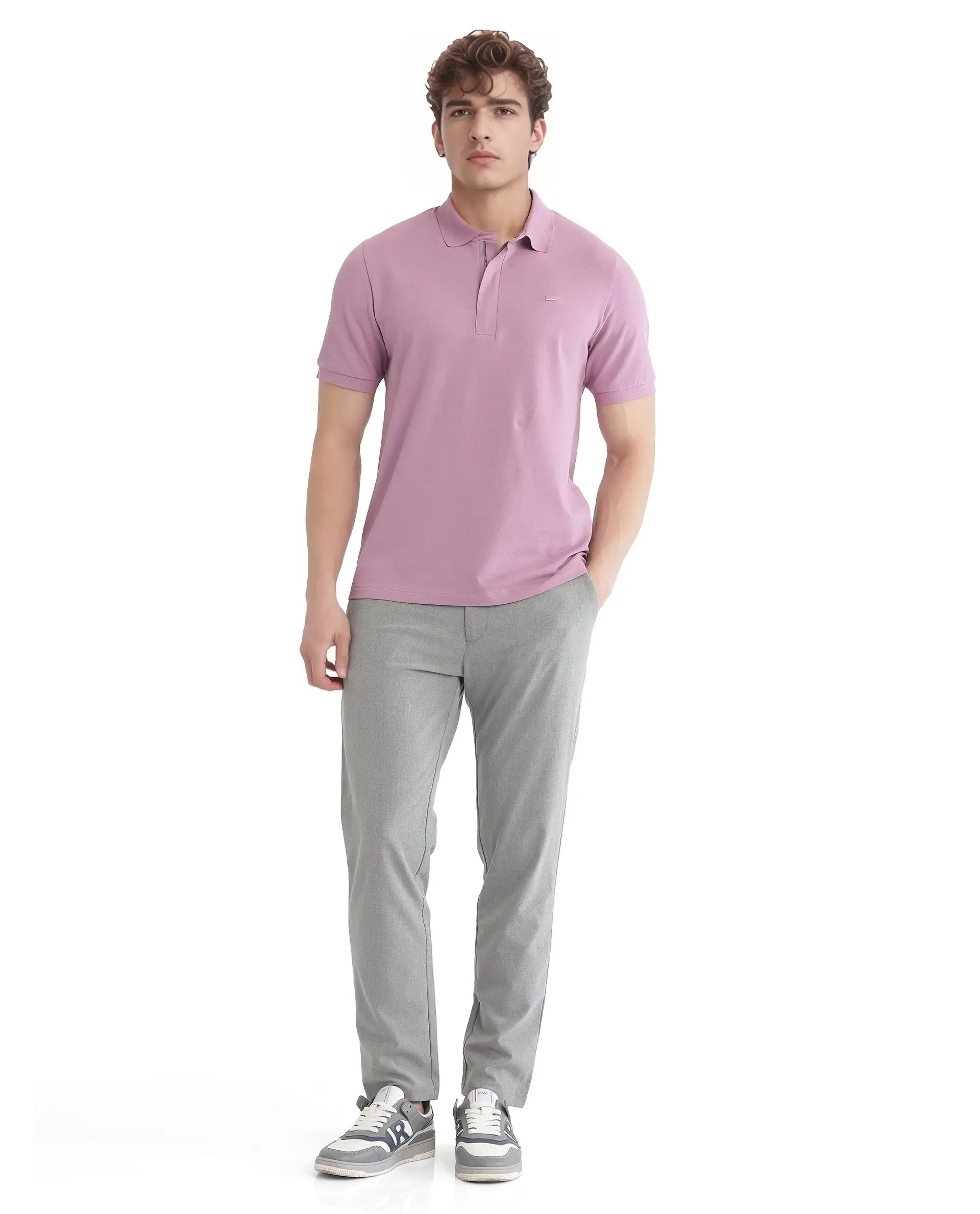Rare Rabbit Men's Salis-25 Dusky Pink Cotton Plain Regular Fit Half Sleeve Polo
