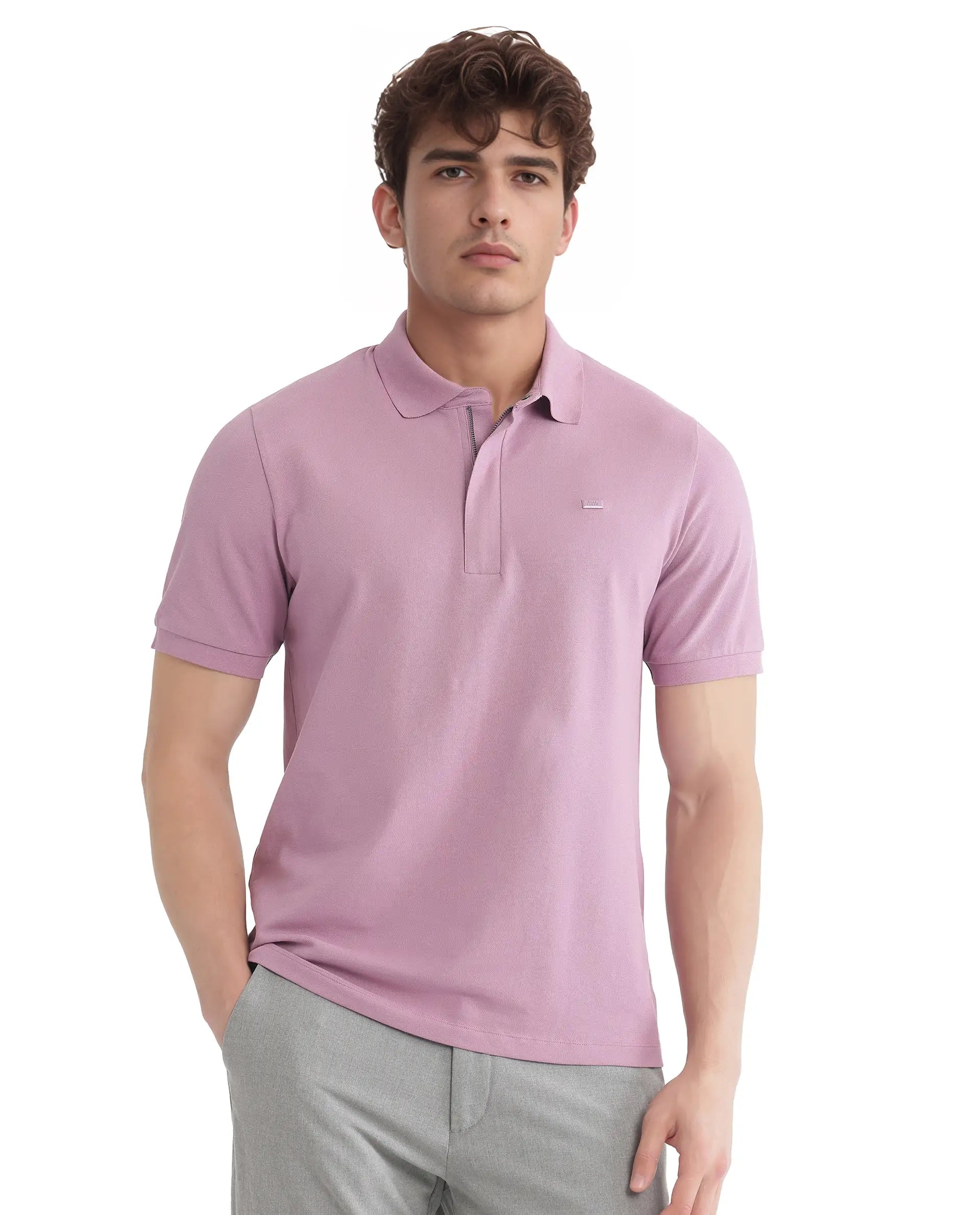 Rare Rabbit Men's Salis-25 Dusky Pink Cotton Plain Regular Fit Half Sleeve Polo