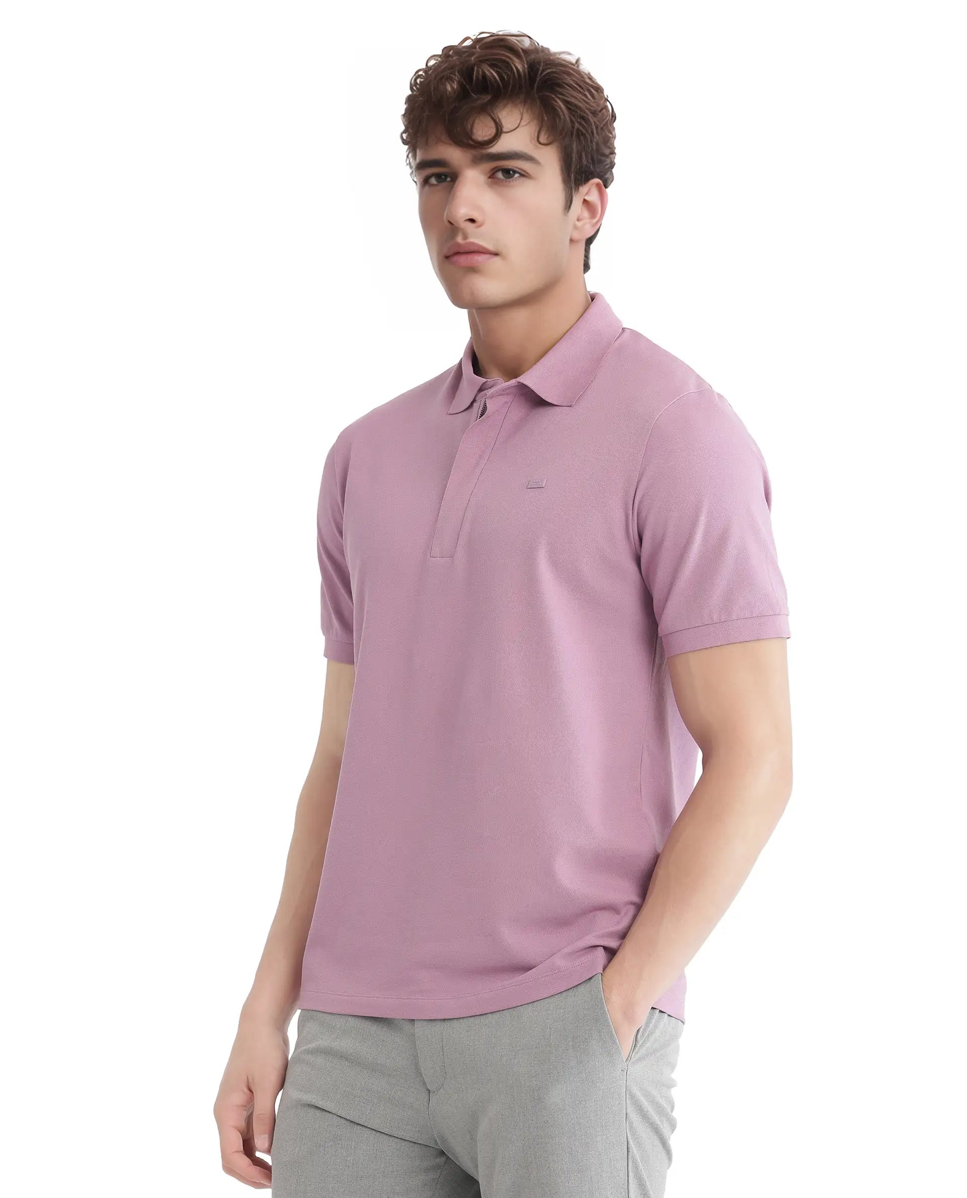Rare Rabbit Men's Salis-25 Dusky Pink Cotton Plain Regular Fit Half Sleeve Polo