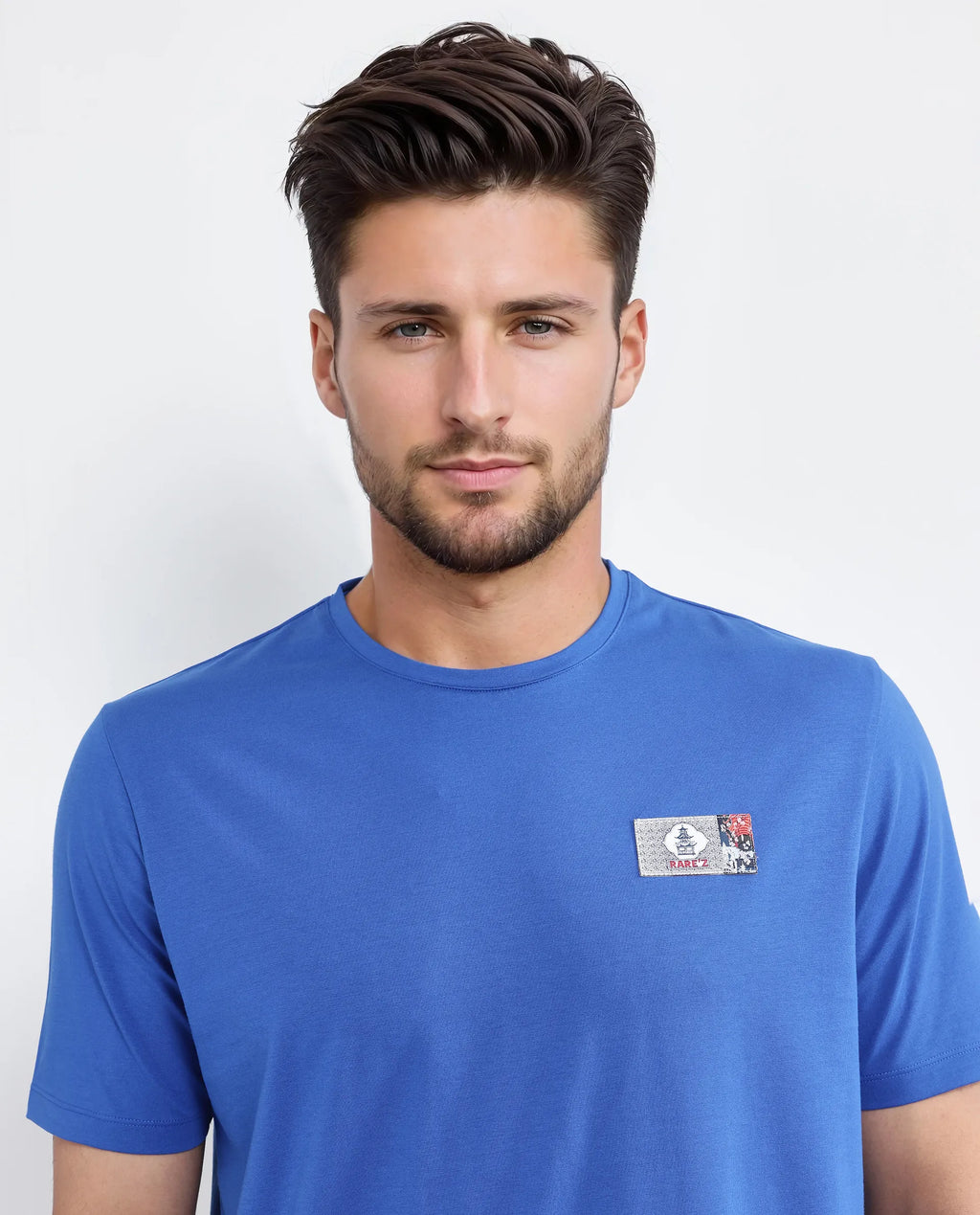 Rare Rabbit Men's Saw Pastel Blue Cotton Blend Label Print Regular Fit Half Sleeve Crew Neck T-Shirt