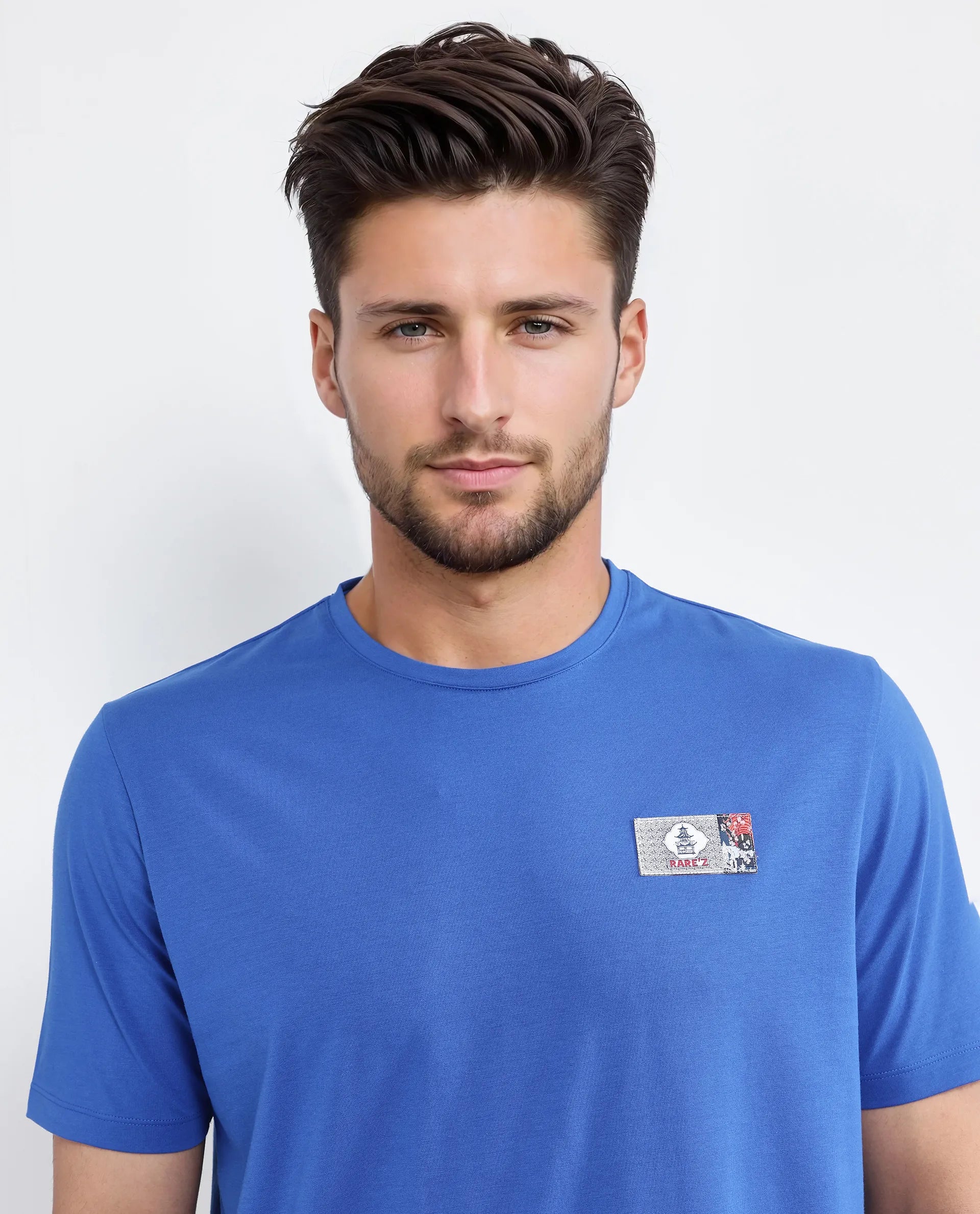 Rare Rabbit Men's Saw Pastel Blue Cotton Blend Label Print Regular Fit Half Sleeve Crew Neck T-Shirt