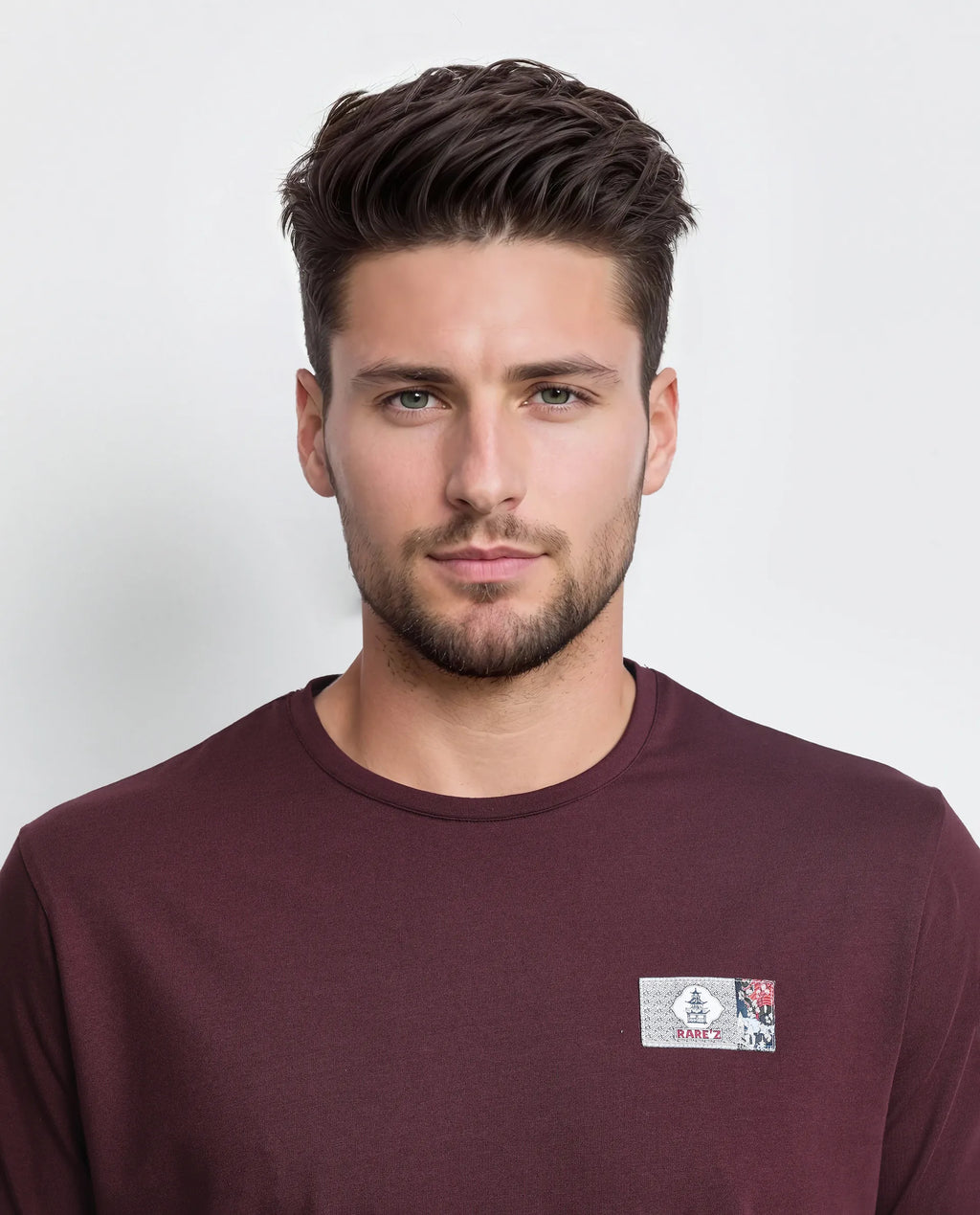 Rare Rabbit Men's Saw Pastel Maroon Cotton Blend Label Print Regular Fit Half Sleeve Crew Neck T-Shirt