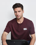 Rare Rabbit Men's Saw Pastel Maroon Cotton Blend Label Print Regular Fit Half Sleeve Crew Neck T-Shirt