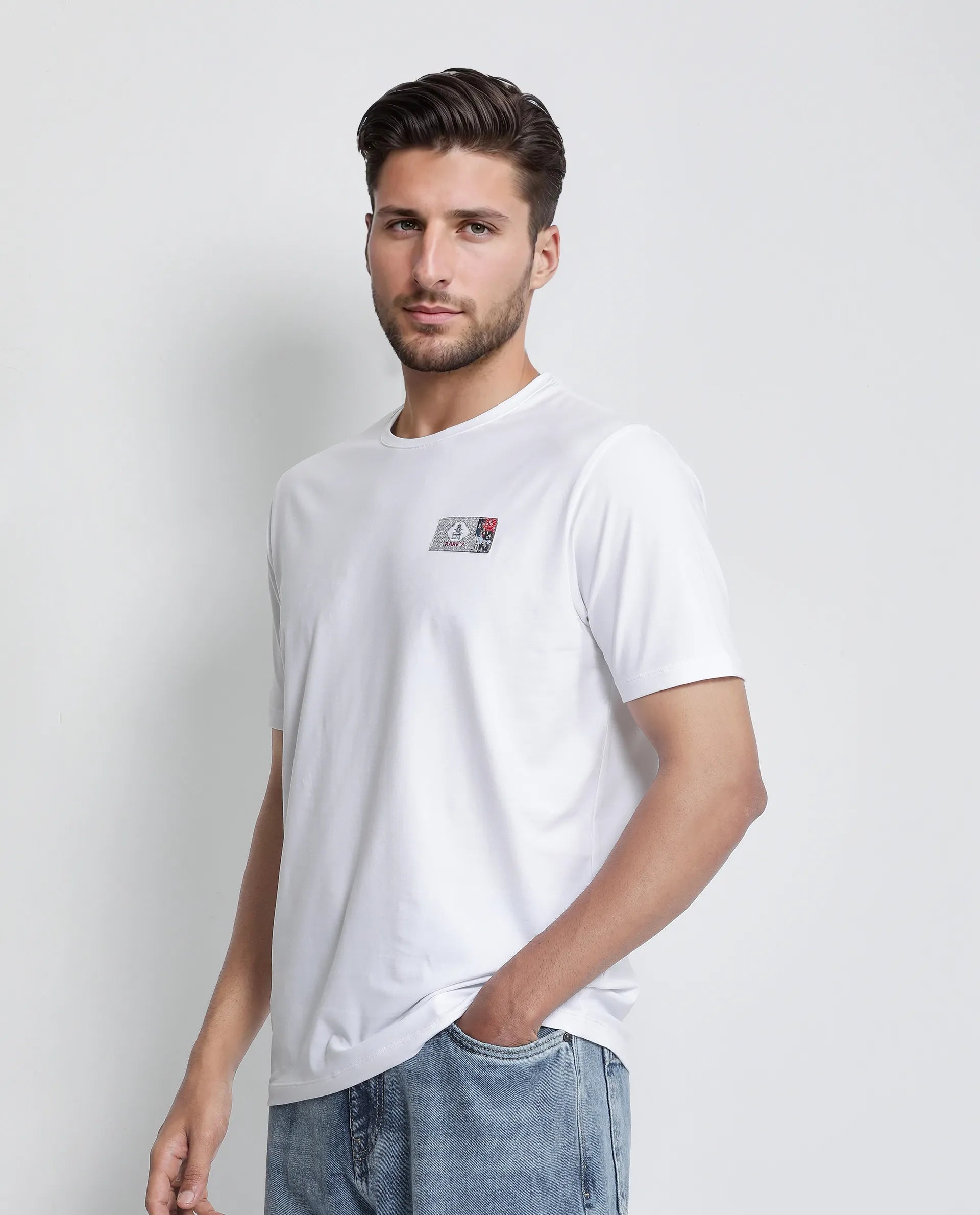 Rare Rabbit Men's Saw White Cotton Blend Label Print Regular Fit Half Sleeve Crew Neck T-Shirt