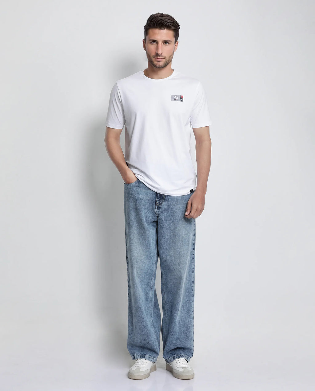 Rare Rabbit Men's Saw White Cotton Blend Label Print Regular Fit Half Sleeve Crew Neck T-Shirt
