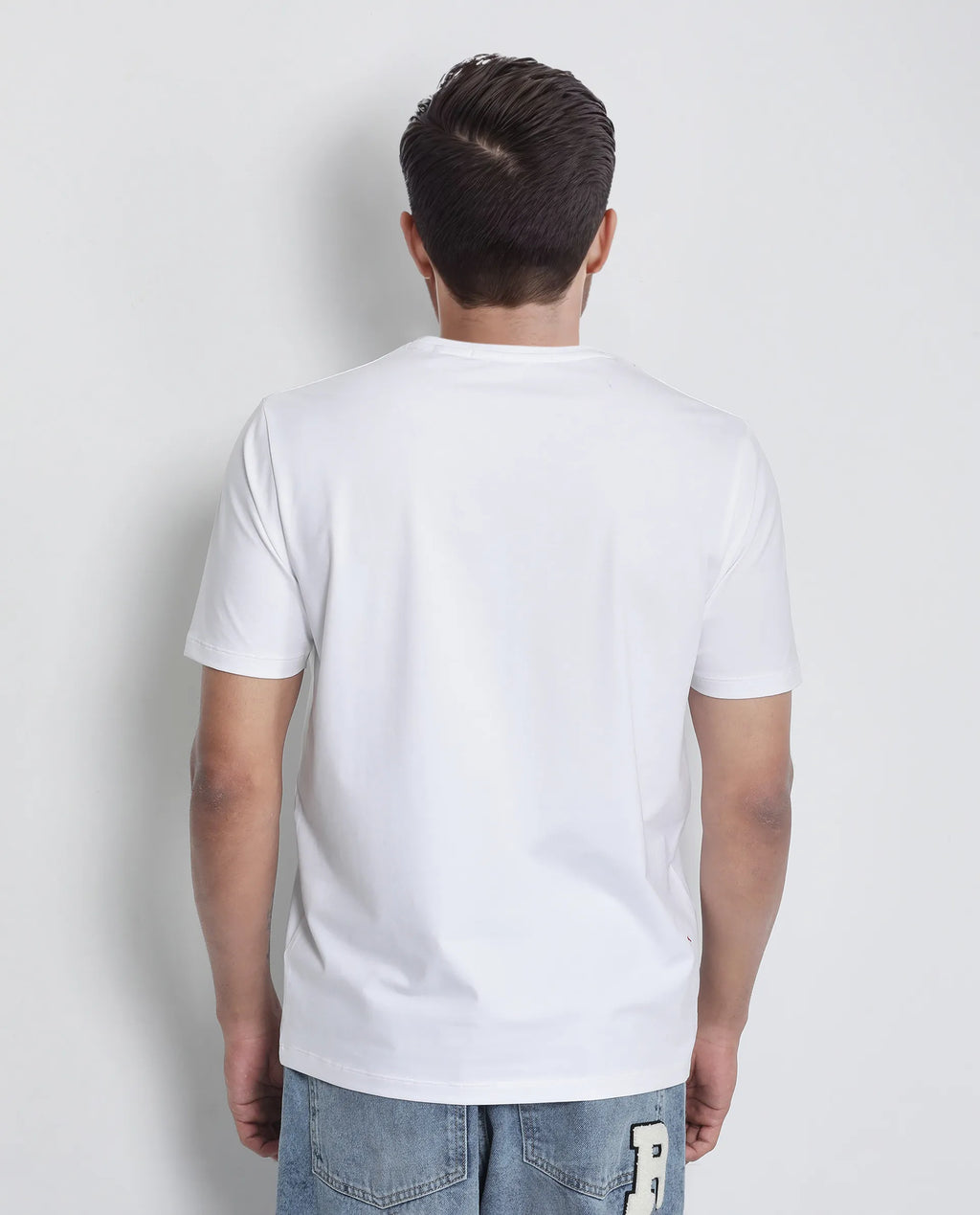Rare Rabbit Men's Saw White Cotton Blend Label Print Regular Fit Half Sleeve Crew Neck T-Shirt