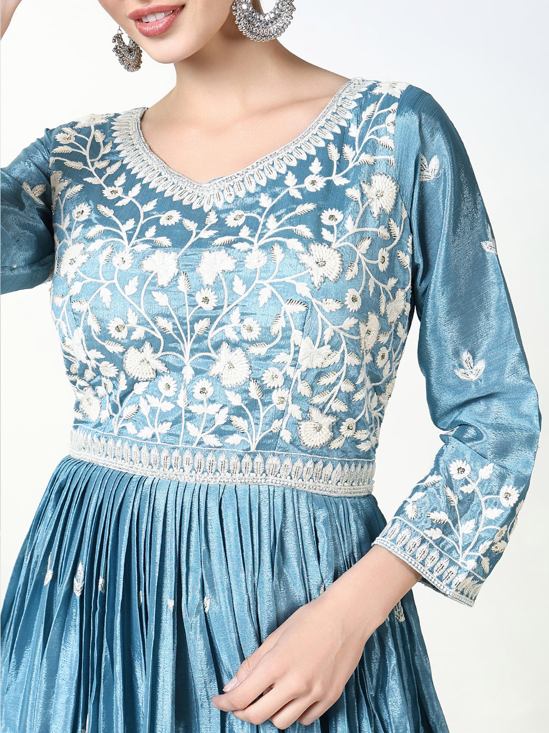 Women's Blue Floral Anarkali Kurta Sets with Dupatta