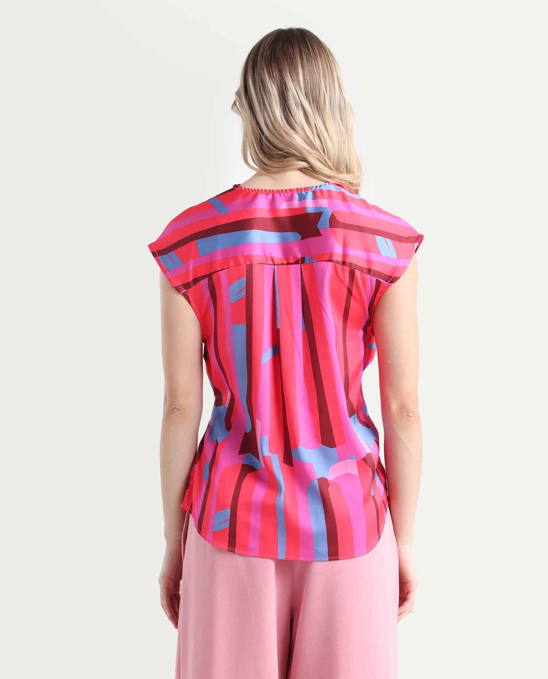 Rareism Women's Sengi Pink Polyester Cowl Neck Abstract Print Extended Sleeves Regular Fit Top