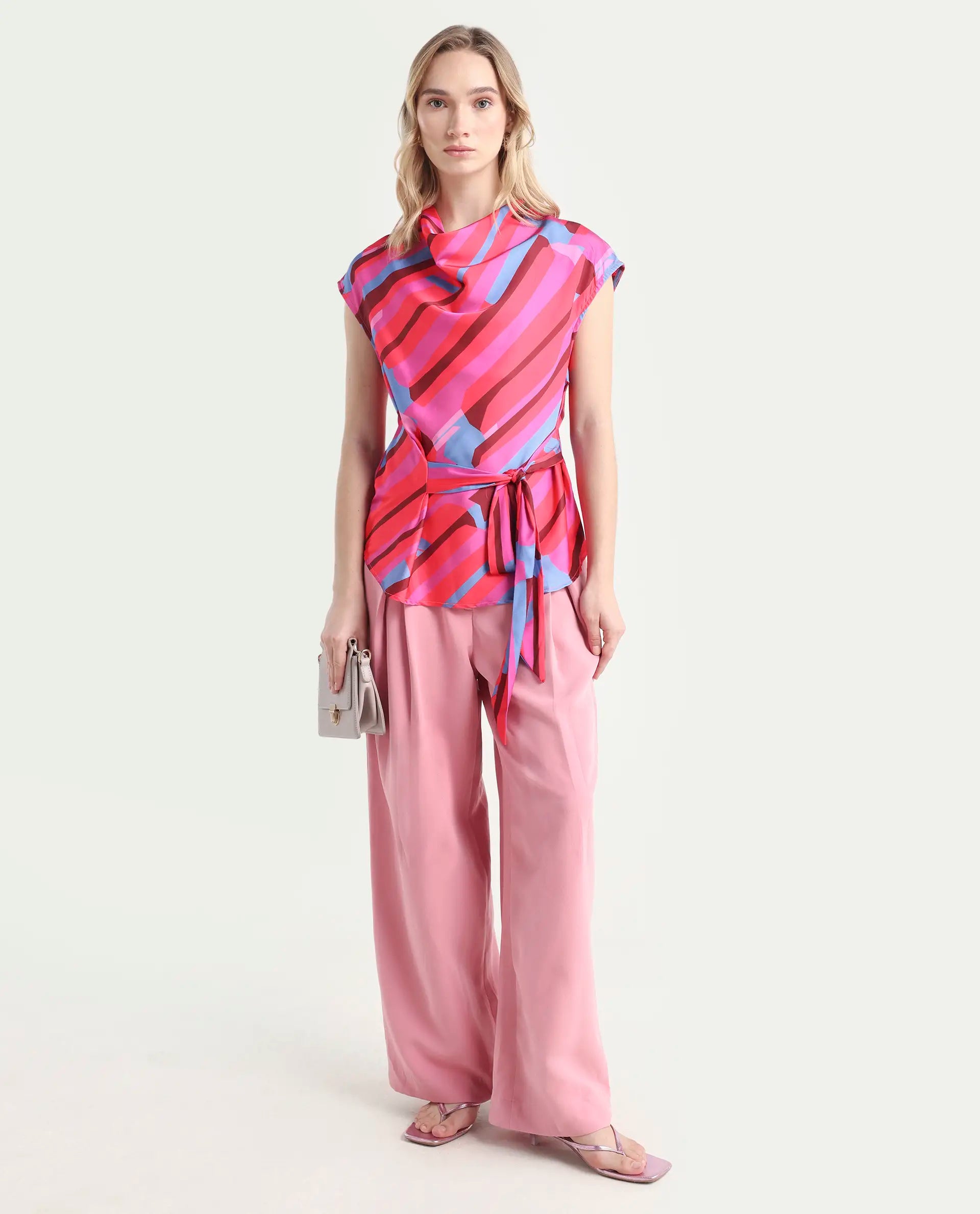 Rareism Women's Sengi Pink Polyester Cowl Neck Abstract Print Extended Sleeves Regular Fit Top