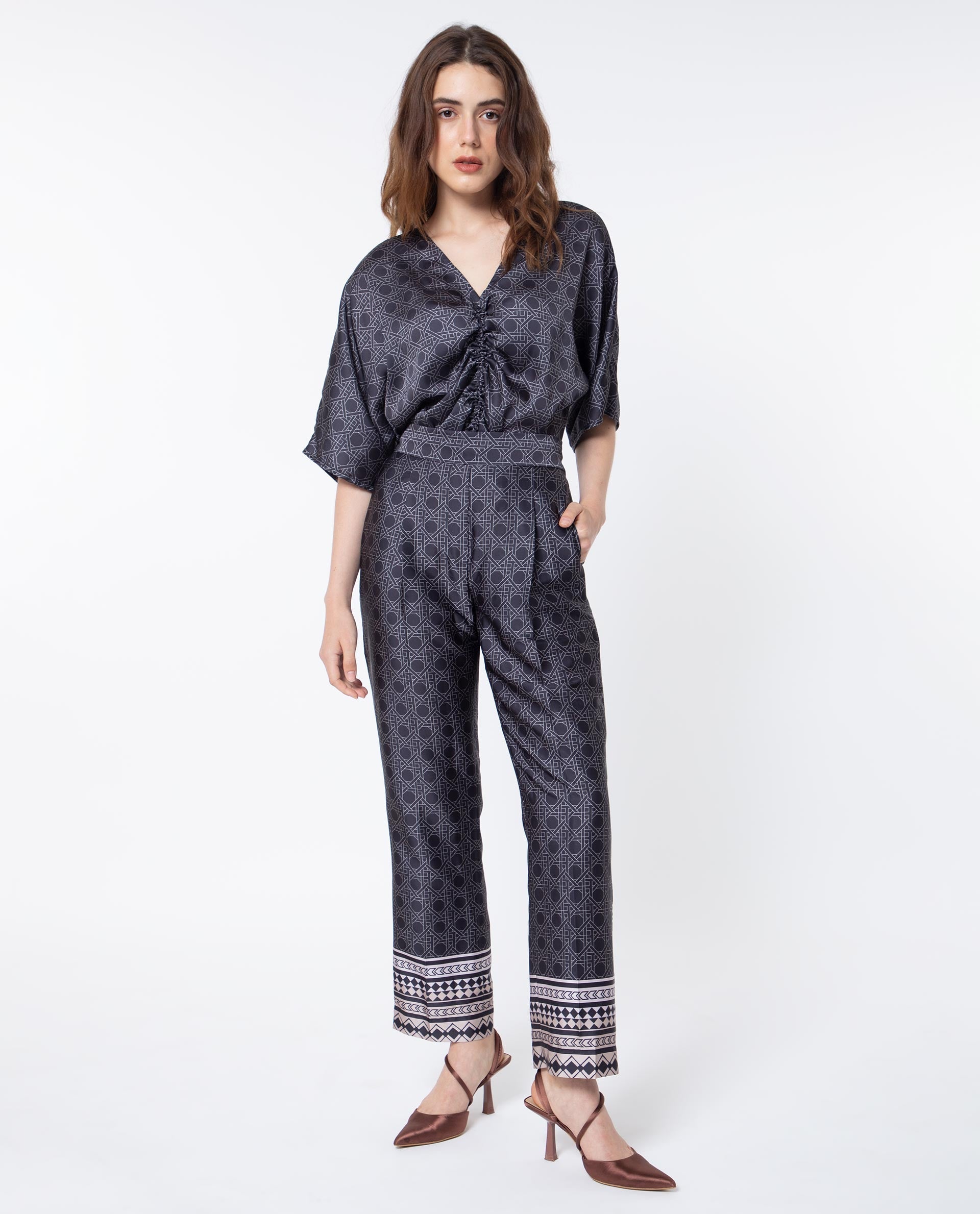 Rareism Women's Sepiat Dark Black Polyester Geometric Print Ankle Length Relaxed Fit Trouser