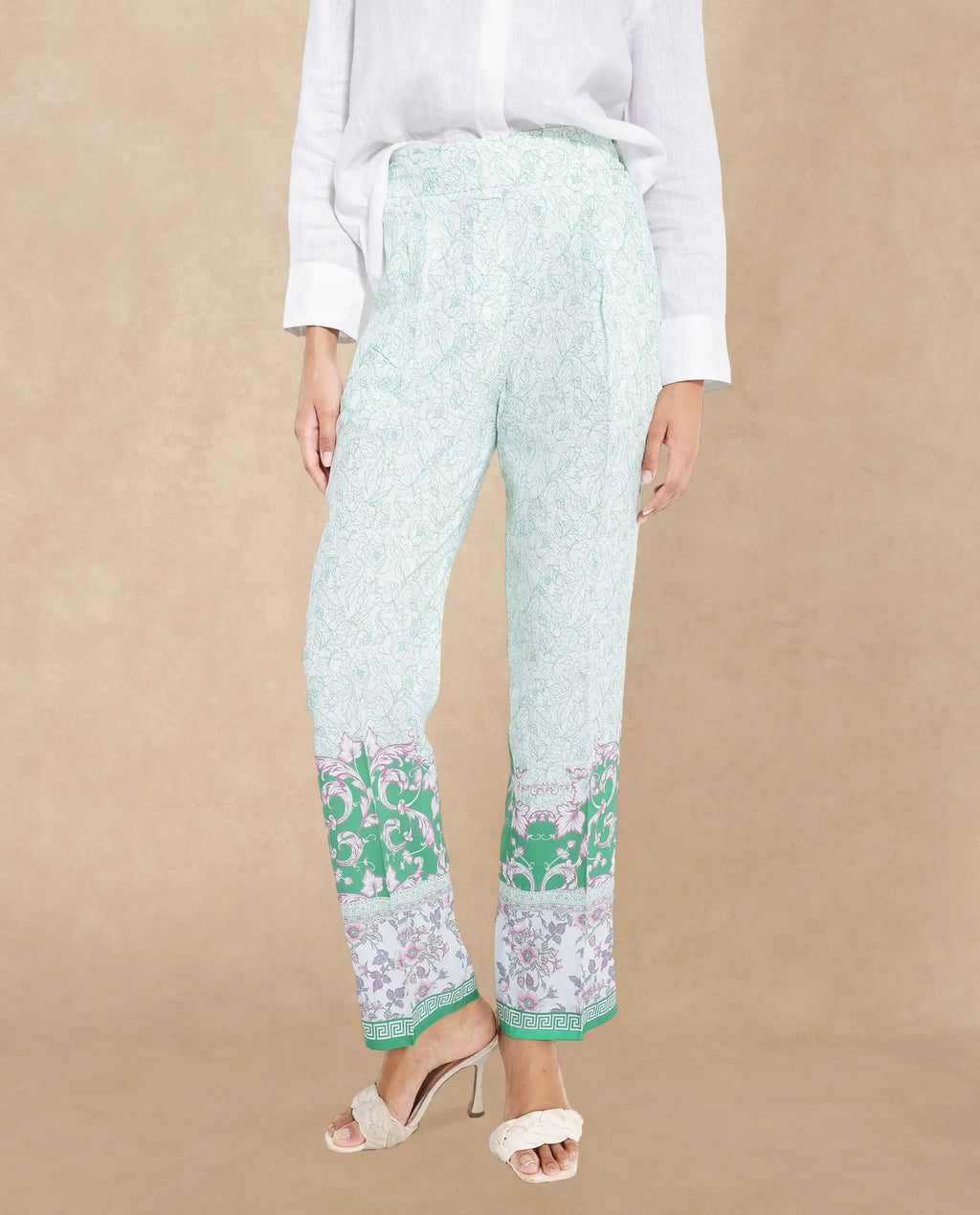 Rareism Women's Sepio-B Light Green Viscose Abstract Print Ankle Length Straight Fit Trouser