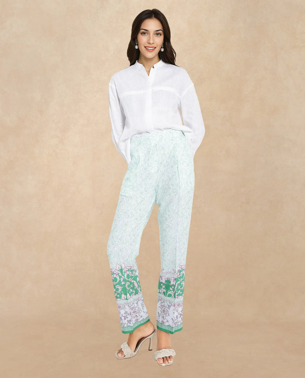 Rareism Women's Sepio-B Light Green Viscose Abstract Print Ankle Length Straight Fit Trouser