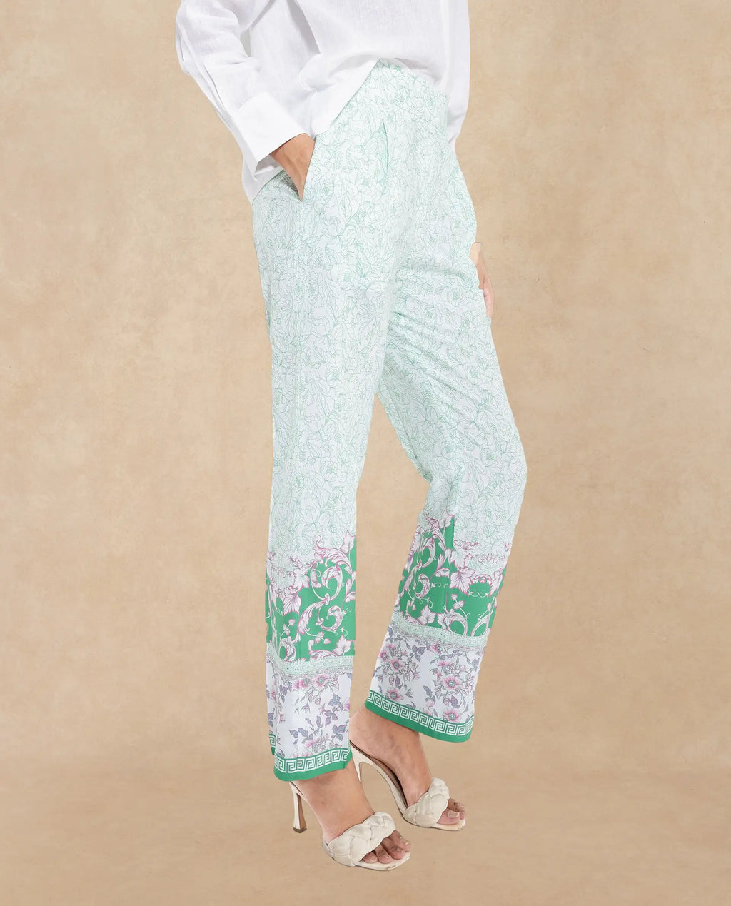 Rareism Women's Sepio-B Light Green Viscose Abstract Print Ankle Length Straight Fit Trouser