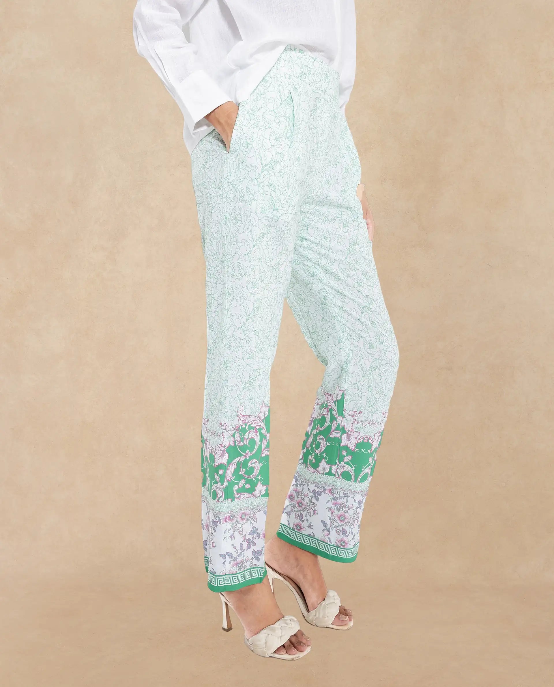 Rareism Women's Sepio-B Light Green Viscose Abstract Print Ankle Length Straight Fit Trouser
