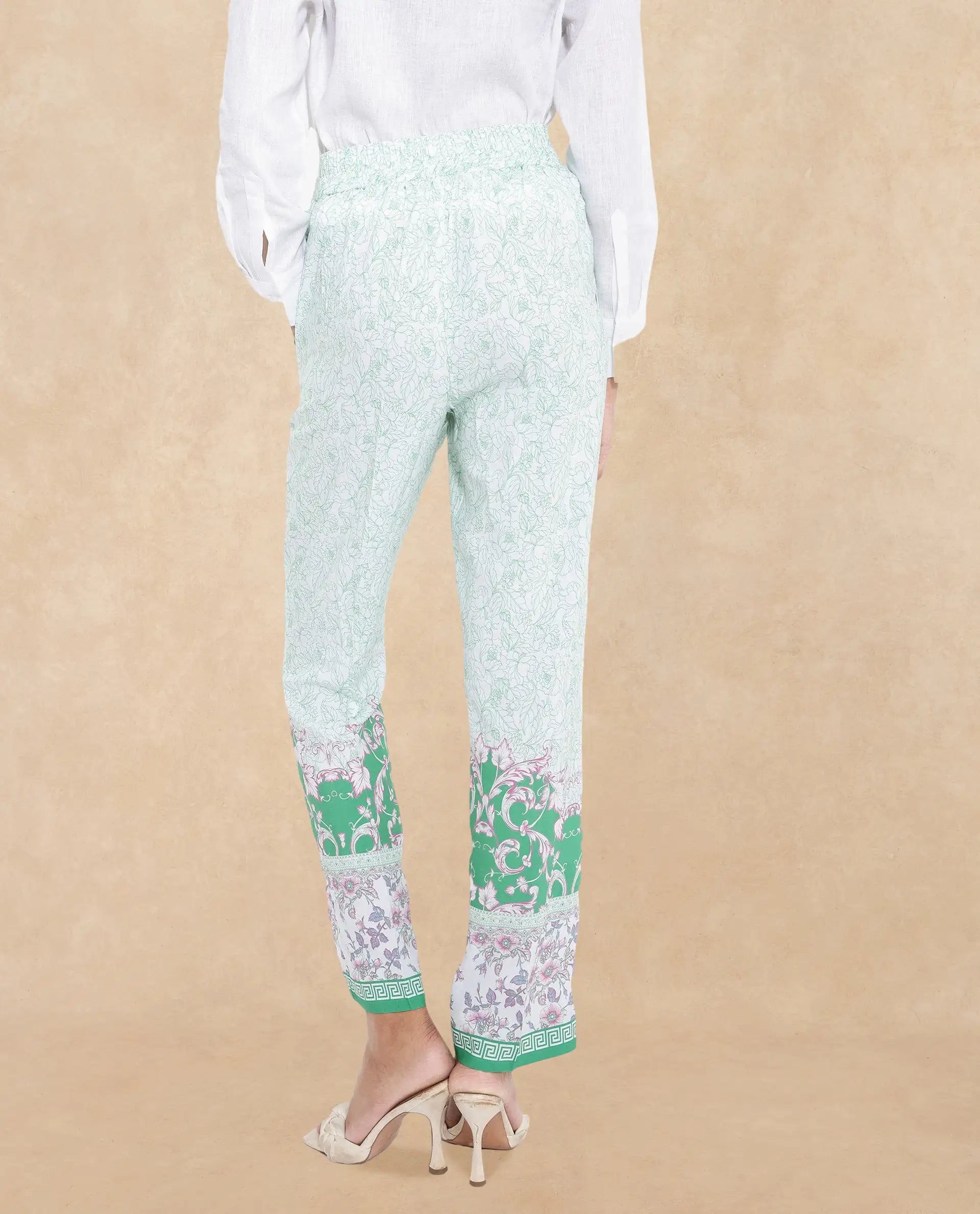Rareism Women's Sepio-B Light Green Viscose Abstract Print Ankle Length Straight Fit Trouser