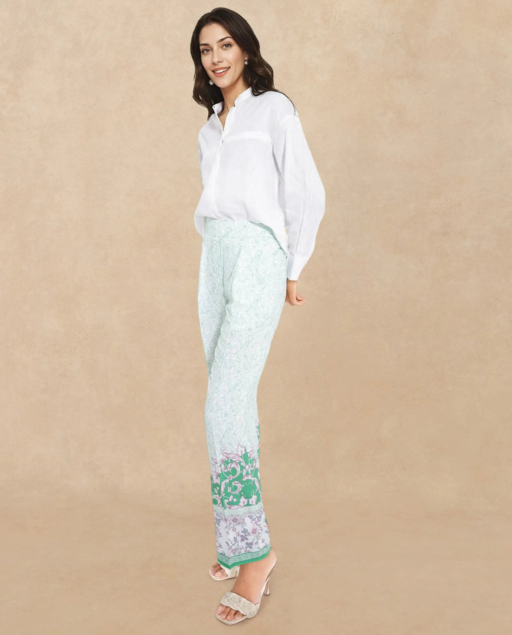 Rareism Women's Sepio-B Light Green Viscose Abstract Print Ankle Length Straight Fit Trouser
