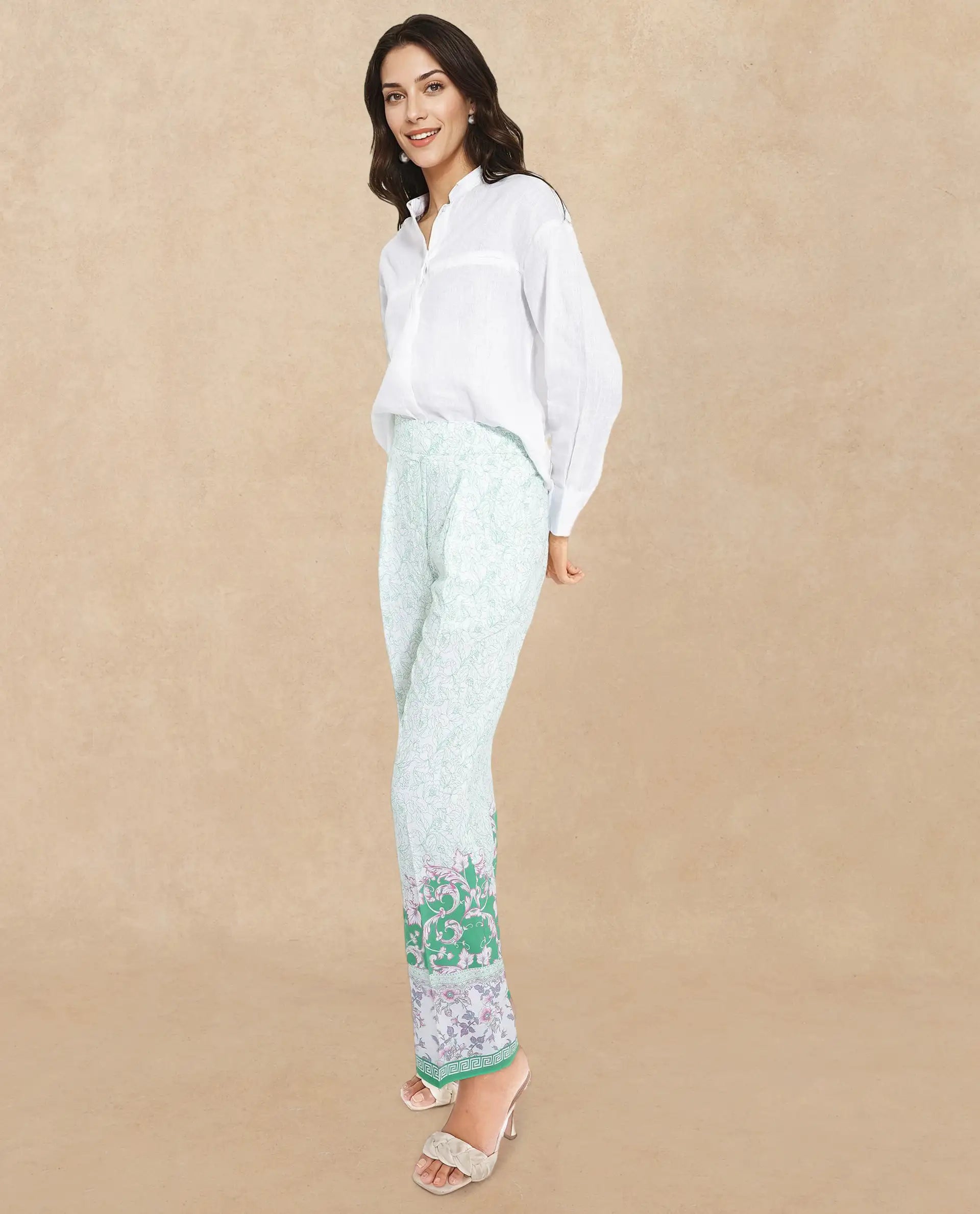 Rareism Women's Sepio-B Light Green Viscose Abstract Print Ankle Length Straight Fit Trouser