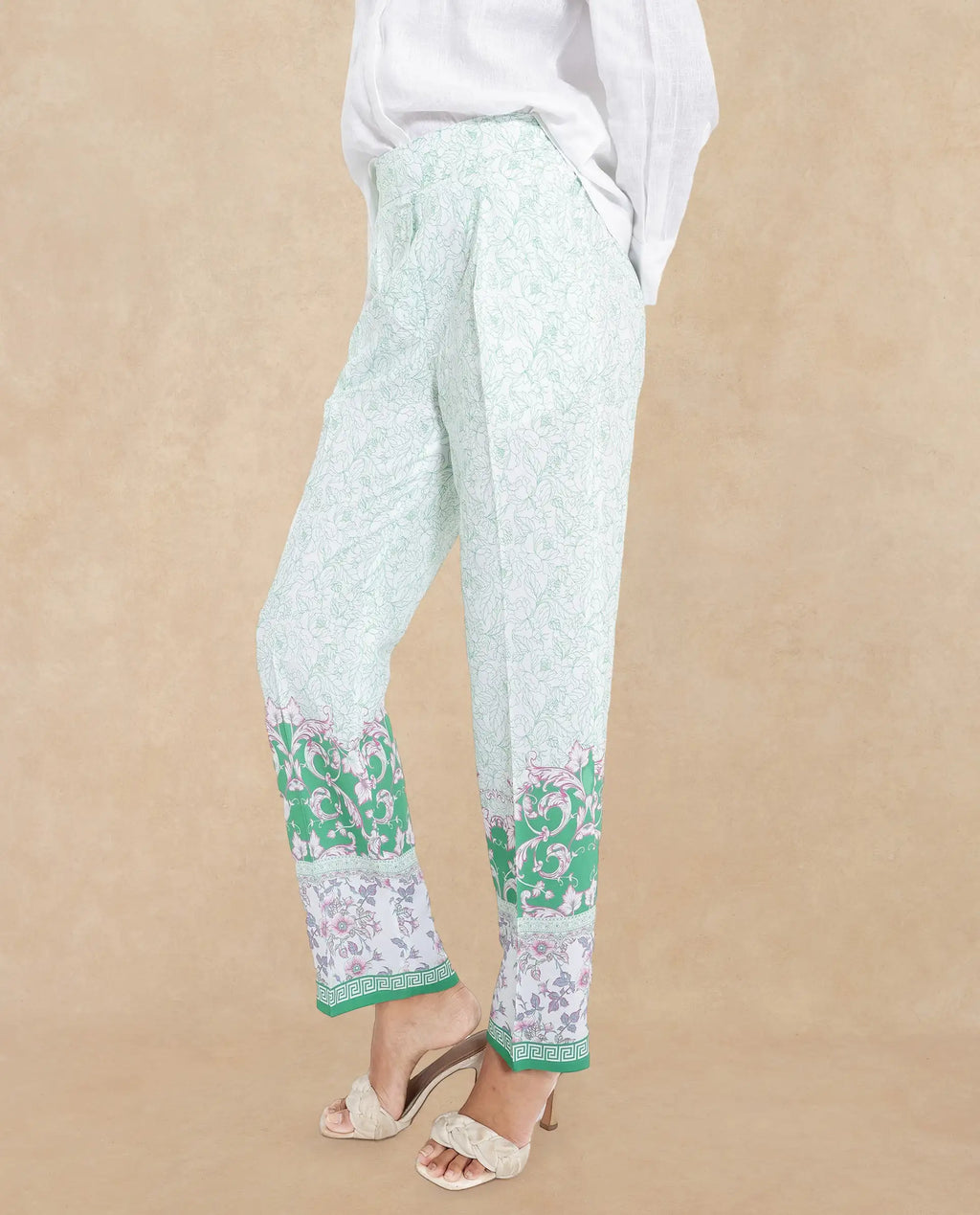 Rareism Women's Sepio-B Light Green Viscose Abstract Print Ankle Length Straight Fit Trouser