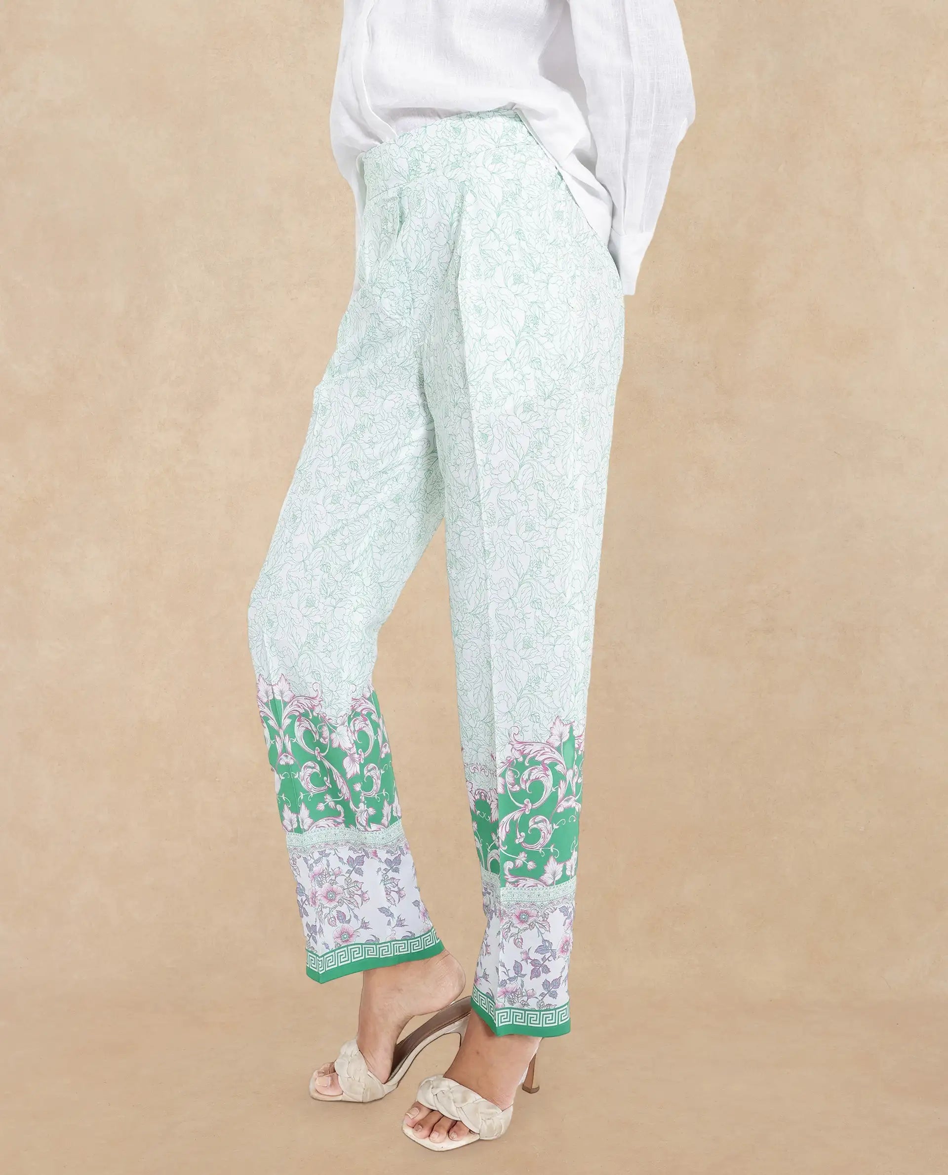 Rareism Women's Sepio-B Light Green Viscose Abstract Print Ankle Length Straight Fit Trouser